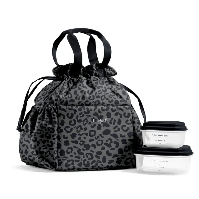 fit-fresh-cromwell-cinch-lunch-tote-with-lunch-kit-charcoal-cheetah-drawstring-i image 1