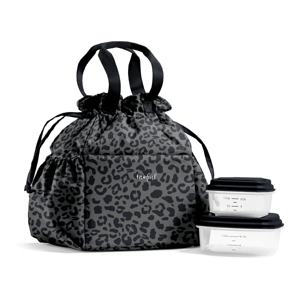 fit-fresh-cromwell-cinch-lunch-tote-with-lunch-kit-charcoal-cheetah-drawstring-i image 1