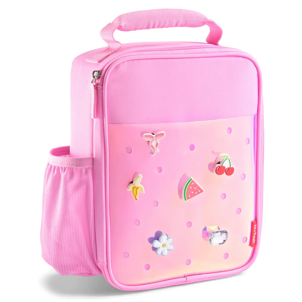 fit-fresh-charm-kids-lunch-bag-with-6-charms-holographic-pink-insulated-kids-lun image 1