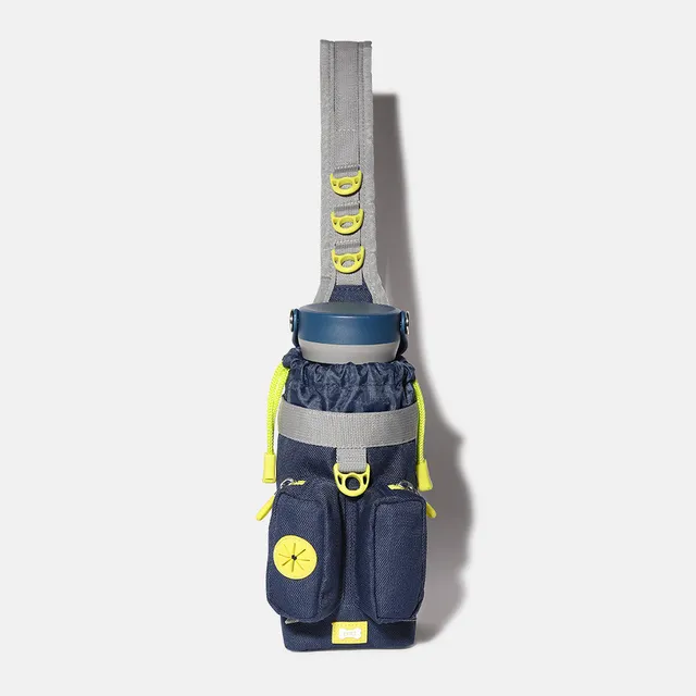 built-dog-excursion-bottle-sling-navy-and-lime-3-zipper-compartment-dog-walking- image 1