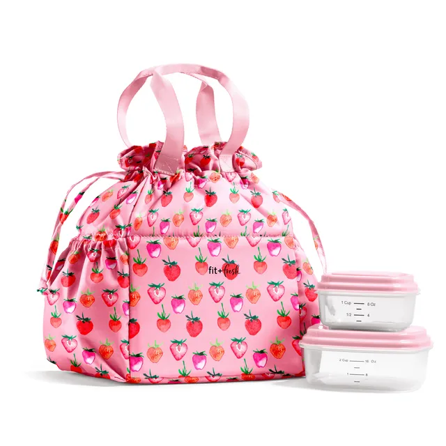 fit-fresh-cromwell-cinch-lunch-tote-with-lunch-kit-pink-strawberries-drawstring- image 1