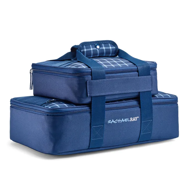 fit-fresh-rachael-ray-lasagna-lugger-duo-navy-gingham-insulated-casserole-carrie image 1
