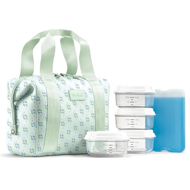 Fit & Fresh Remi Neoprene Lunch Bag with Lunch Kit, Sage Flower Block – Complete Insulated Meal Prep Set