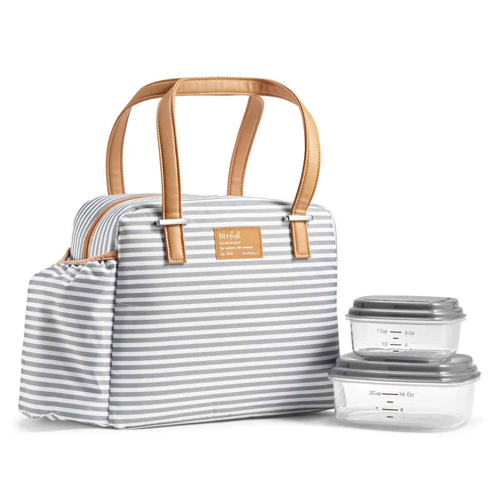 fit-fresh-laketown-lunch-bag-with-lunch-kit-thin-gray-stripe-roomy-10-x-6-x-7-25 image 1