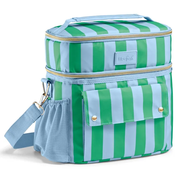 fit-fresh-sidekick-15-can-dual-compartment-cooler-bag-coastal-cabana-stripe-leak image 1