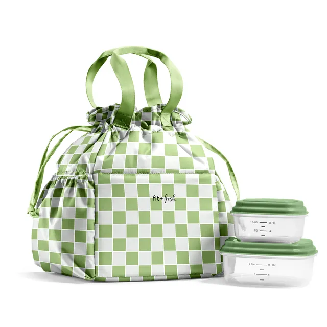 fit-fresh-cromwell-cinch-lunch-tote-with-lunch-kit-pistachio-checkerboard-drawst image 1