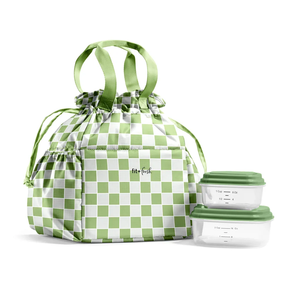 fit-fresh-cromwell-cinch-lunch-tote-with-lunch-kit-pistachio-checkerboard-drawst image 1