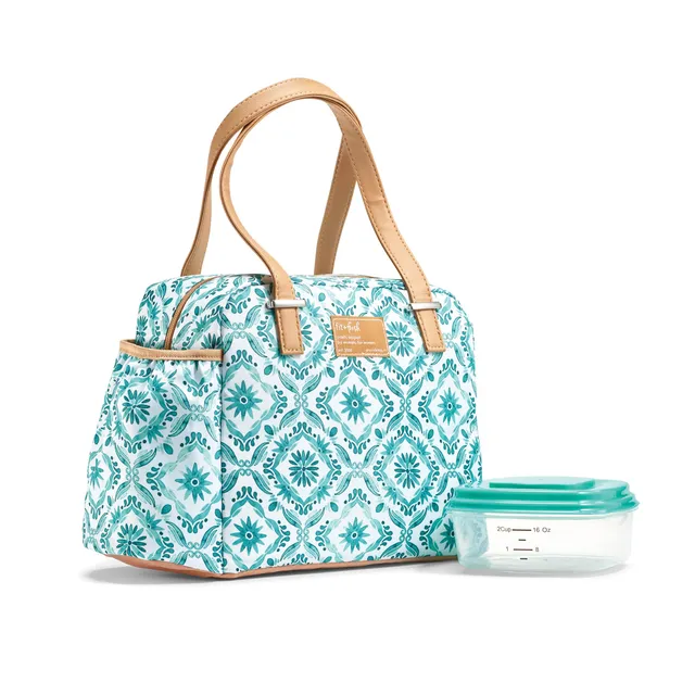 fit-fresh-laketown-lunch-bag-with-lunch-kit-aqua-floral-diamond-insulated-lunch- image 1