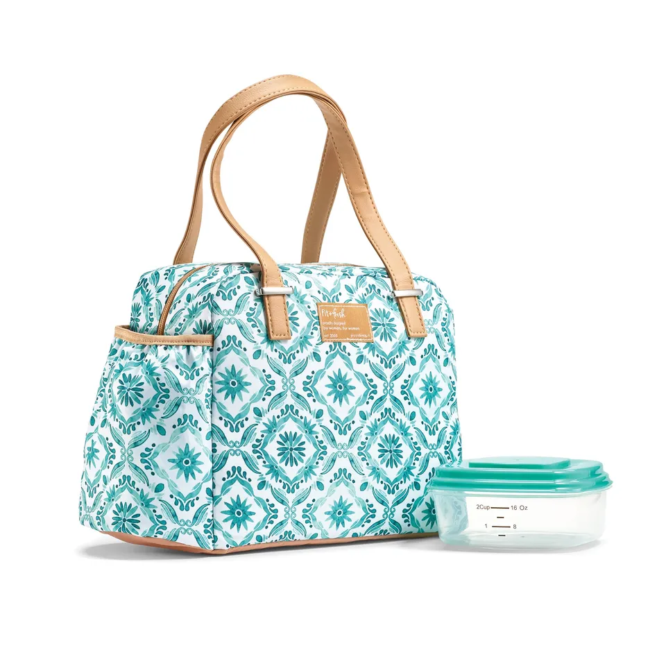 fit-fresh-laketown-lunch-bag-with-lunch-kit-aqua-floral-diamond-insulated-lunch- image 1