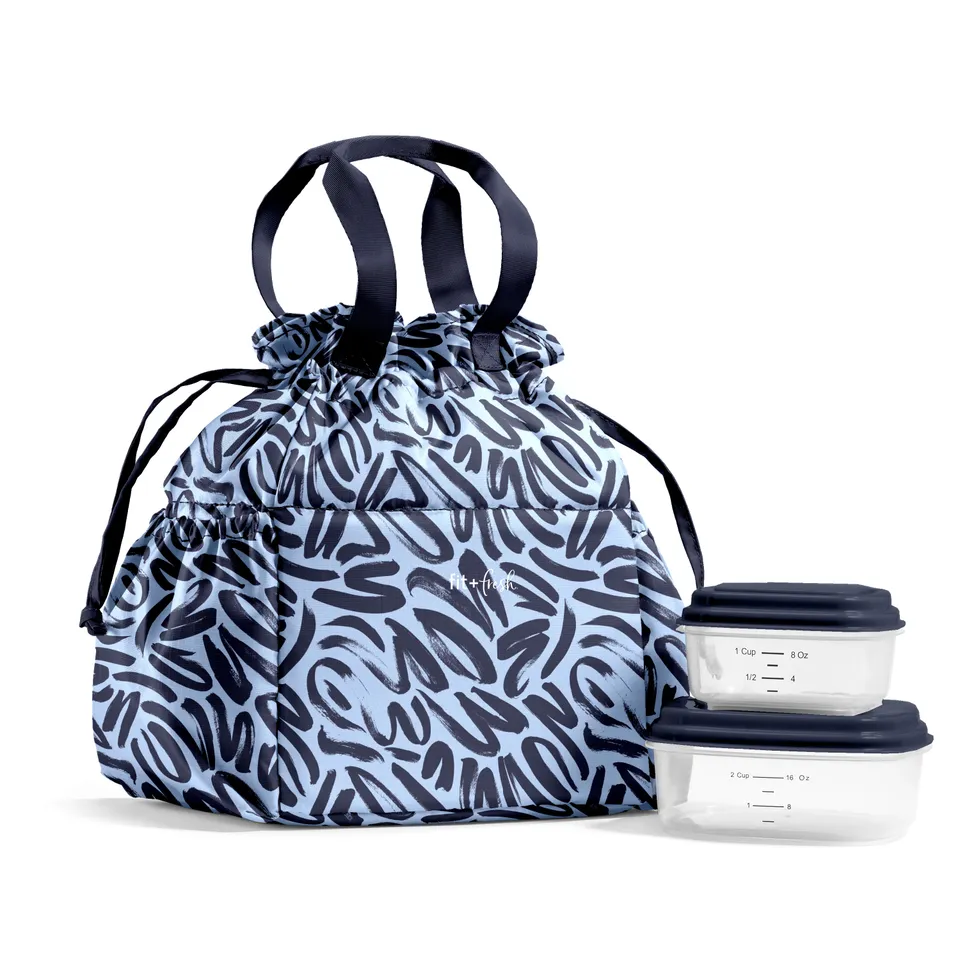 fit-fresh-cromwell-cinch-lunch-tote-with-lunch-kit-navy-brush-strokes-10-x-6-5-x image 1
