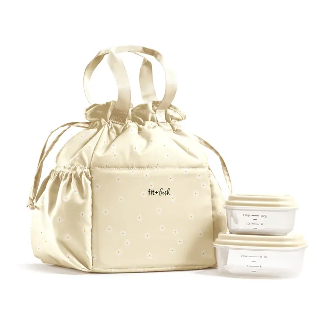 fit-fresh-cromwell-cinch-lunch-tote-with-lunch-kit-ivory-daisy-drawstring-10-x6- image 1