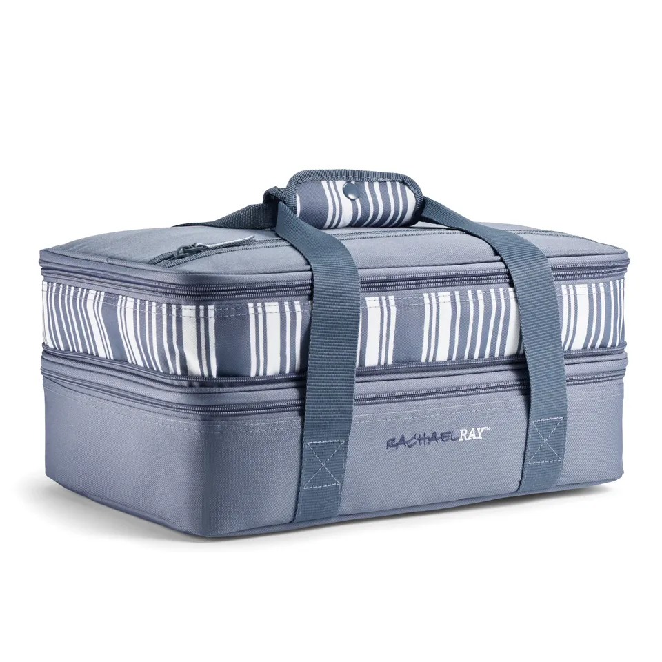 rachael-ray-expandable-lasagna-lugger-slate-stripe-insulated-expandable-casserol image 1