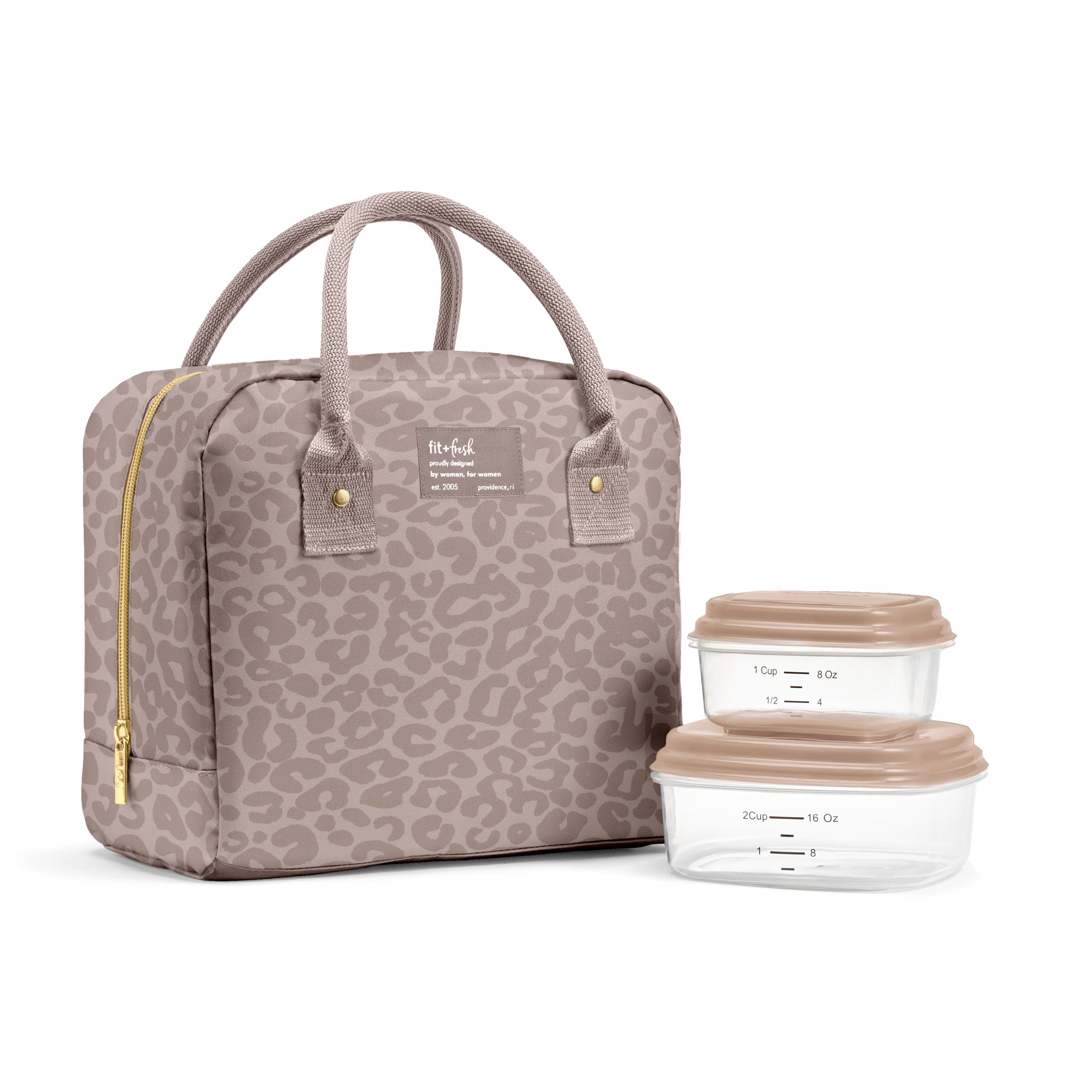fit-fresh-bloomington-lunch-bag-with-lunch-kit-mocha-feline-fine-insulated-lunch image 1