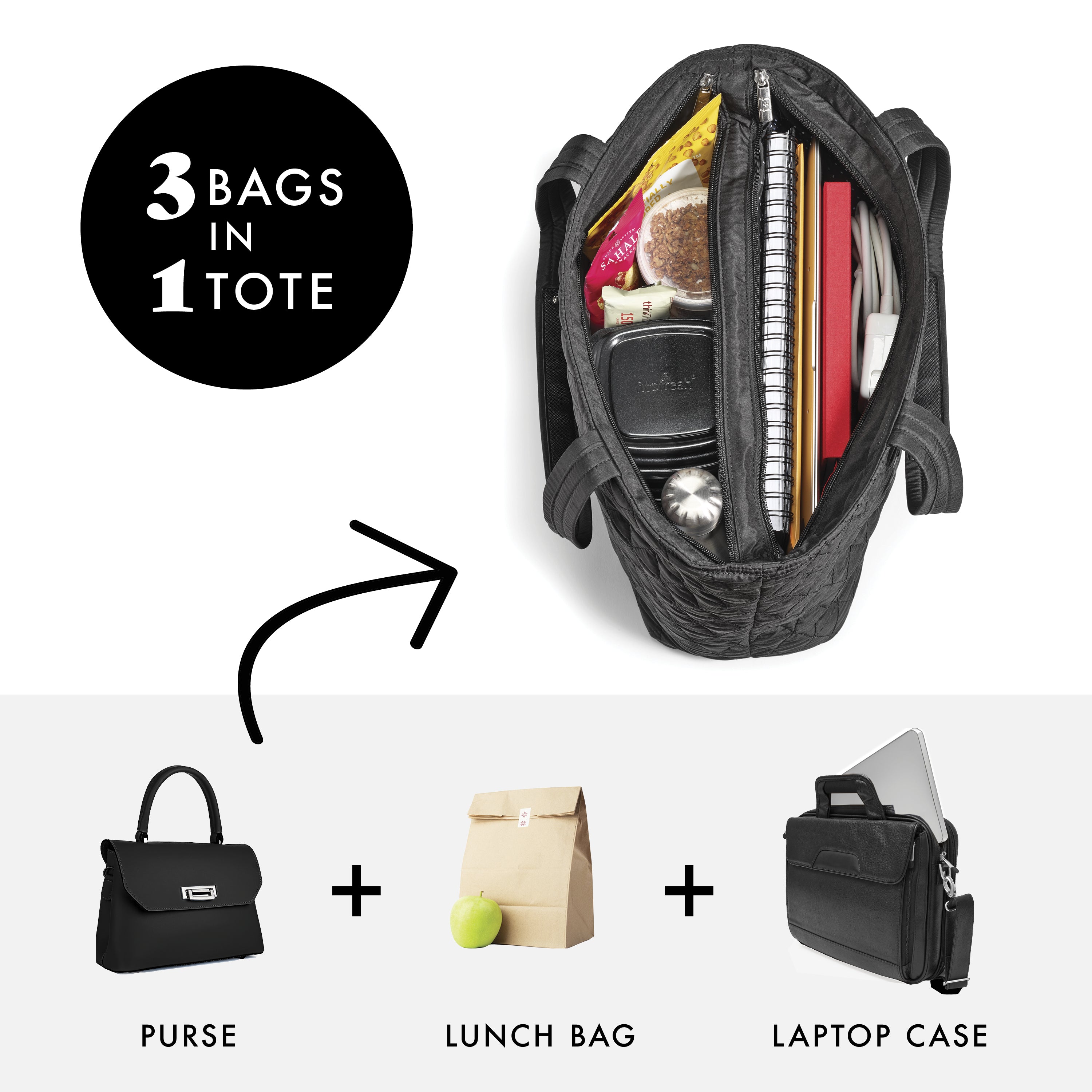 fit-fresh-metro-tote-2-in-1-work-lunch-bag-black-quilted-laptop-tote-with-insula image 4