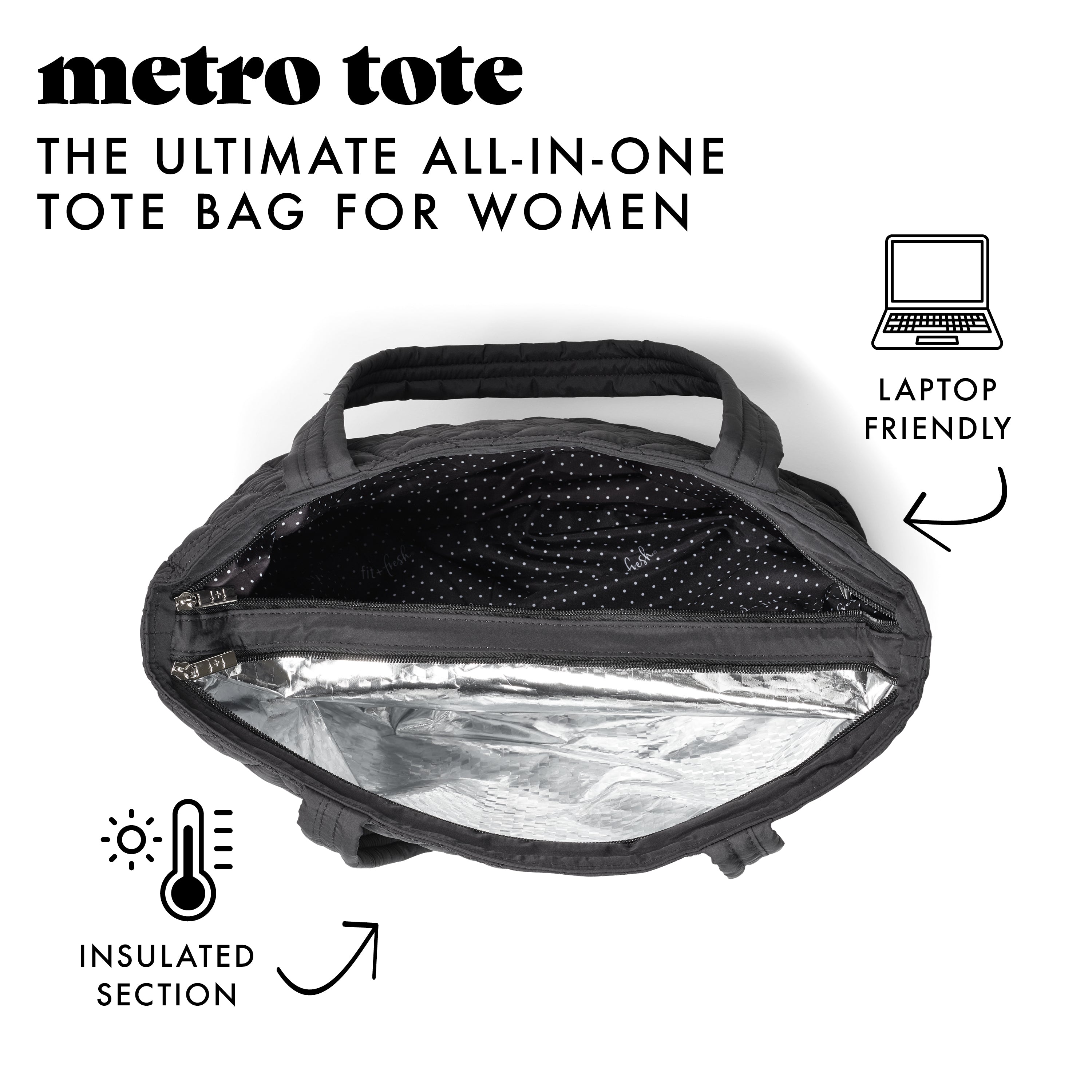 fit-fresh-metro-tote-2-in-1-work-lunch-bag-black-quilted-laptop-tote-with-insula image 3