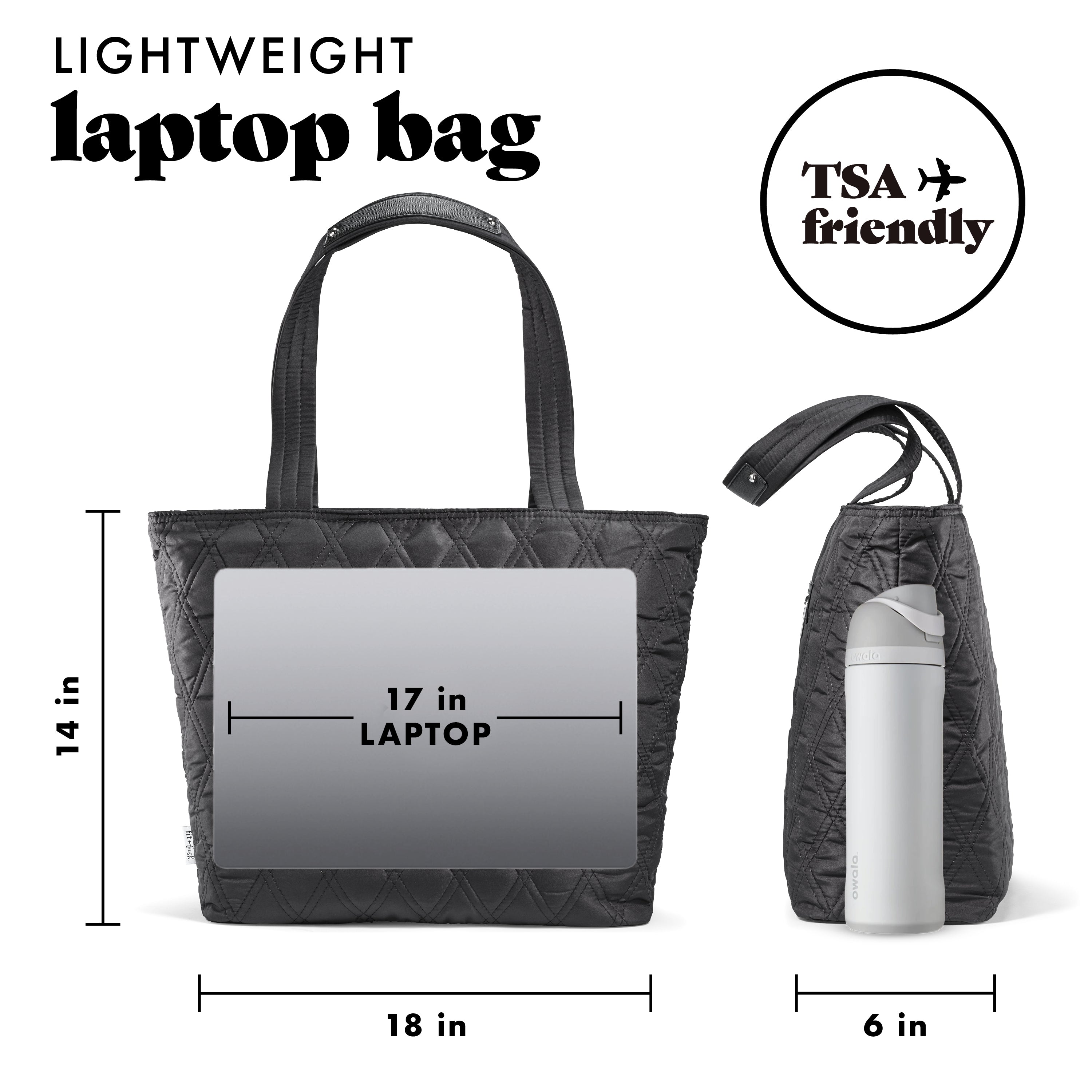 fit-fresh-metro-tote-2-in-1-work-lunch-bag-black-quilted-laptop-tote-with-insula image 2
