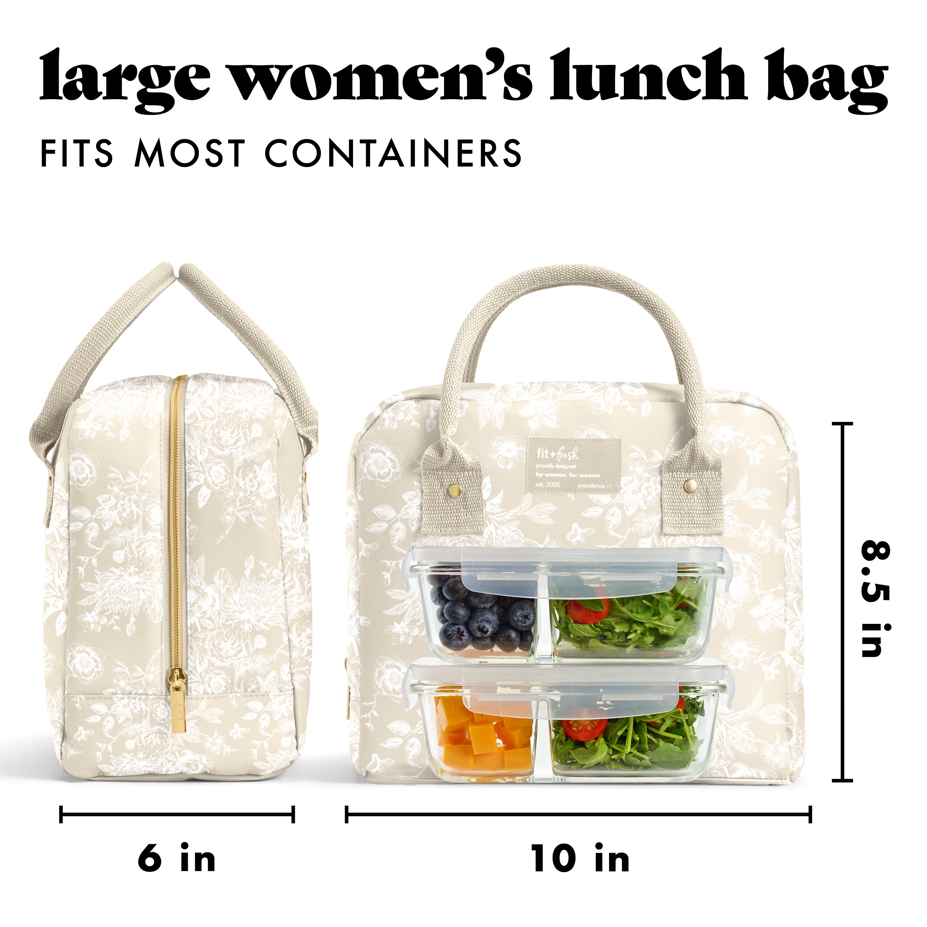 fit-fresh-bloomington-lunch-bag-with-lunch-kit-tan-floral-toile-roomy-insulated- image 3