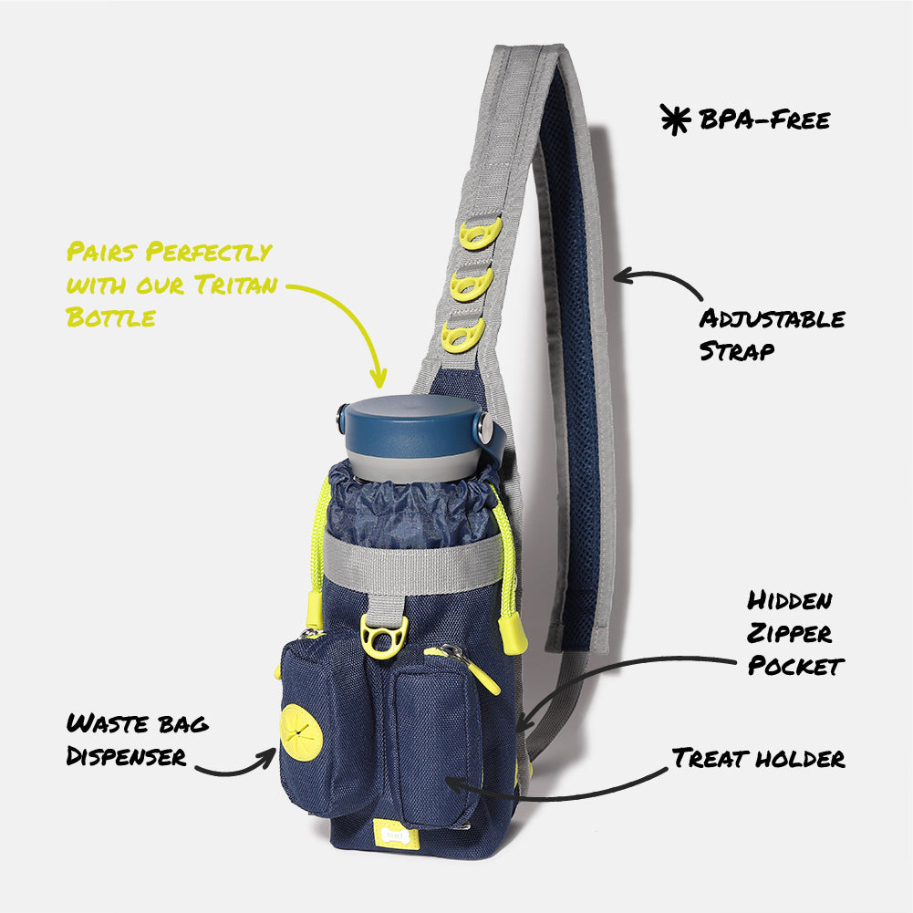 built-dog-excursion-bottle-sling-navy-and-lime-3-zipper-compartment-dog-walking- image 5