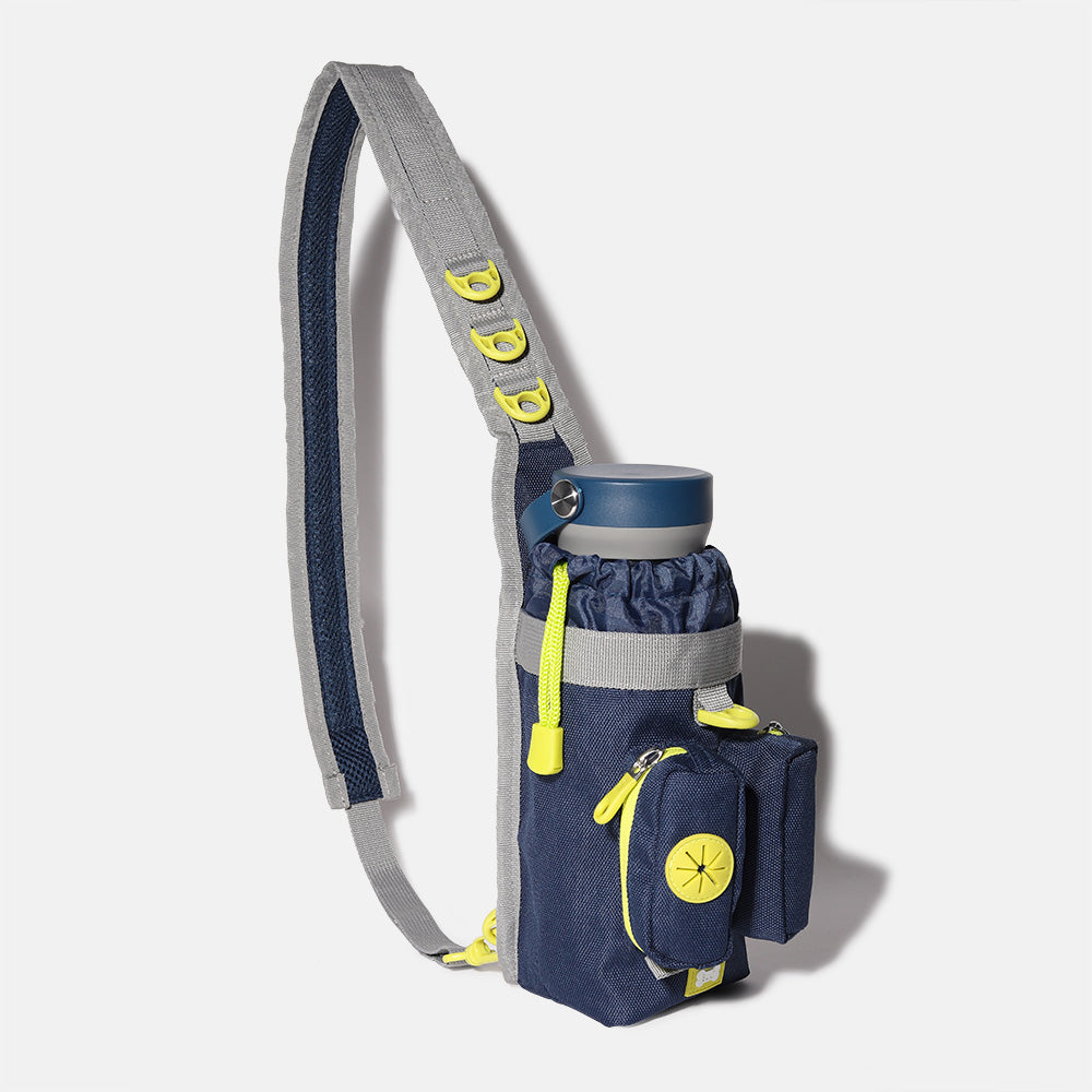 built-dog-excursion-bottle-sling-navy-and-lime-3-zipper-compartment-dog-walking- image 2
