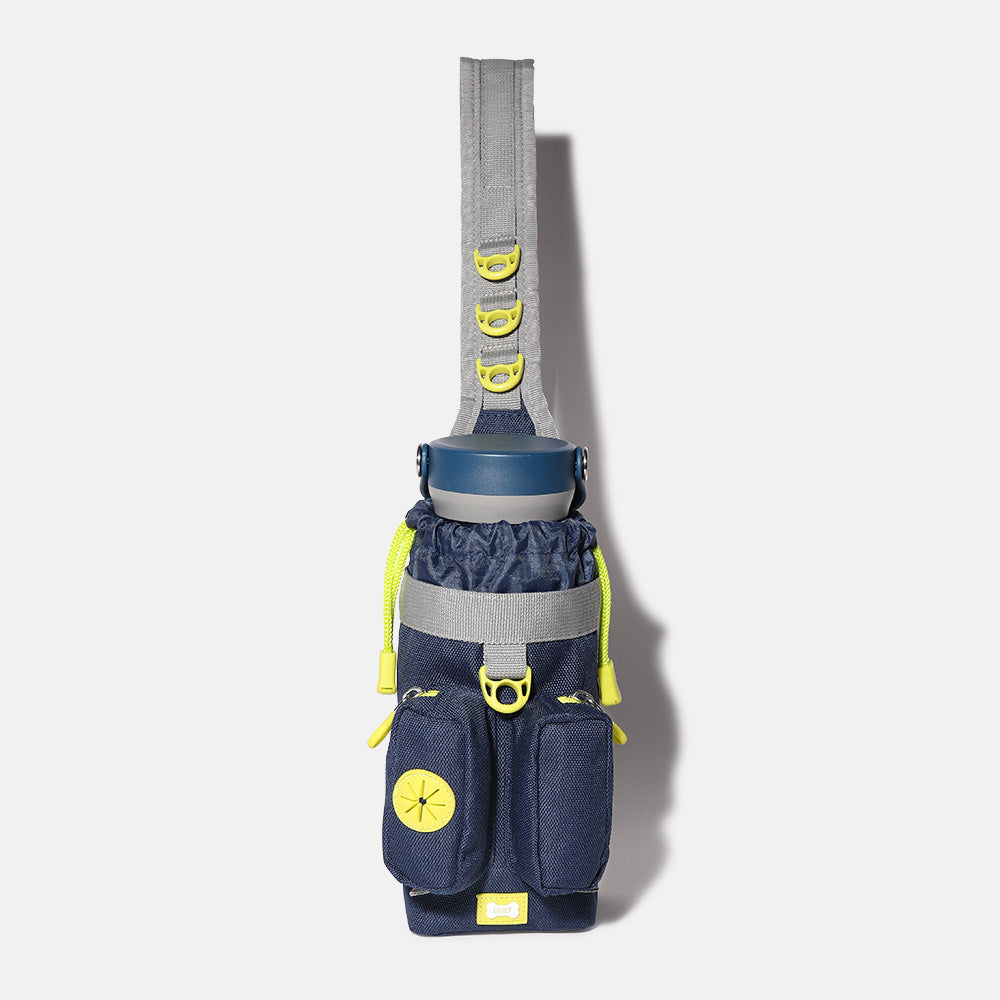 built-dog-excursion-bottle-sling-navy-and-lime-3-zipper-compartment-dog-walking- image 1
