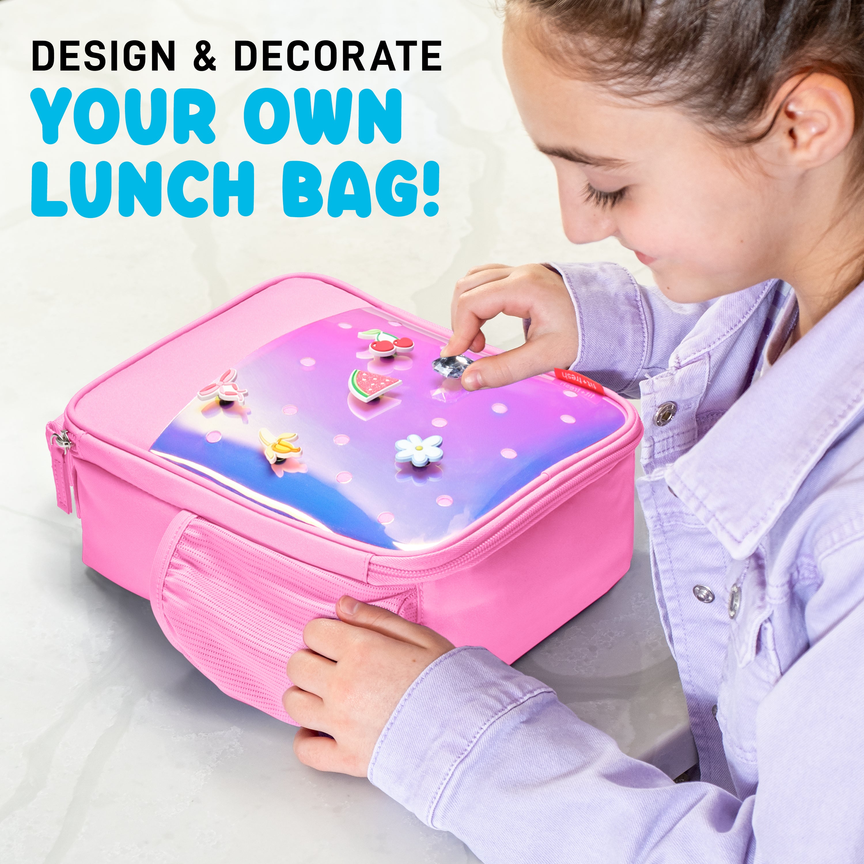 fit-fresh-charm-kids-lunch-bag-with-6-charms-holographic-pink-insulated-kids-lun image 3
