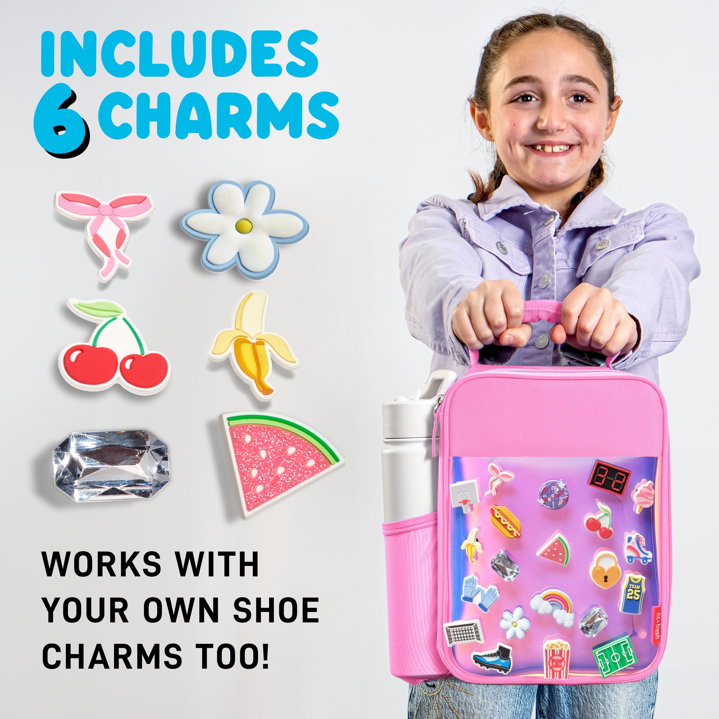 fit-fresh-charm-kids-lunch-bag-with-6-charms-holographic-pink-insulated-kids-lun image 2
