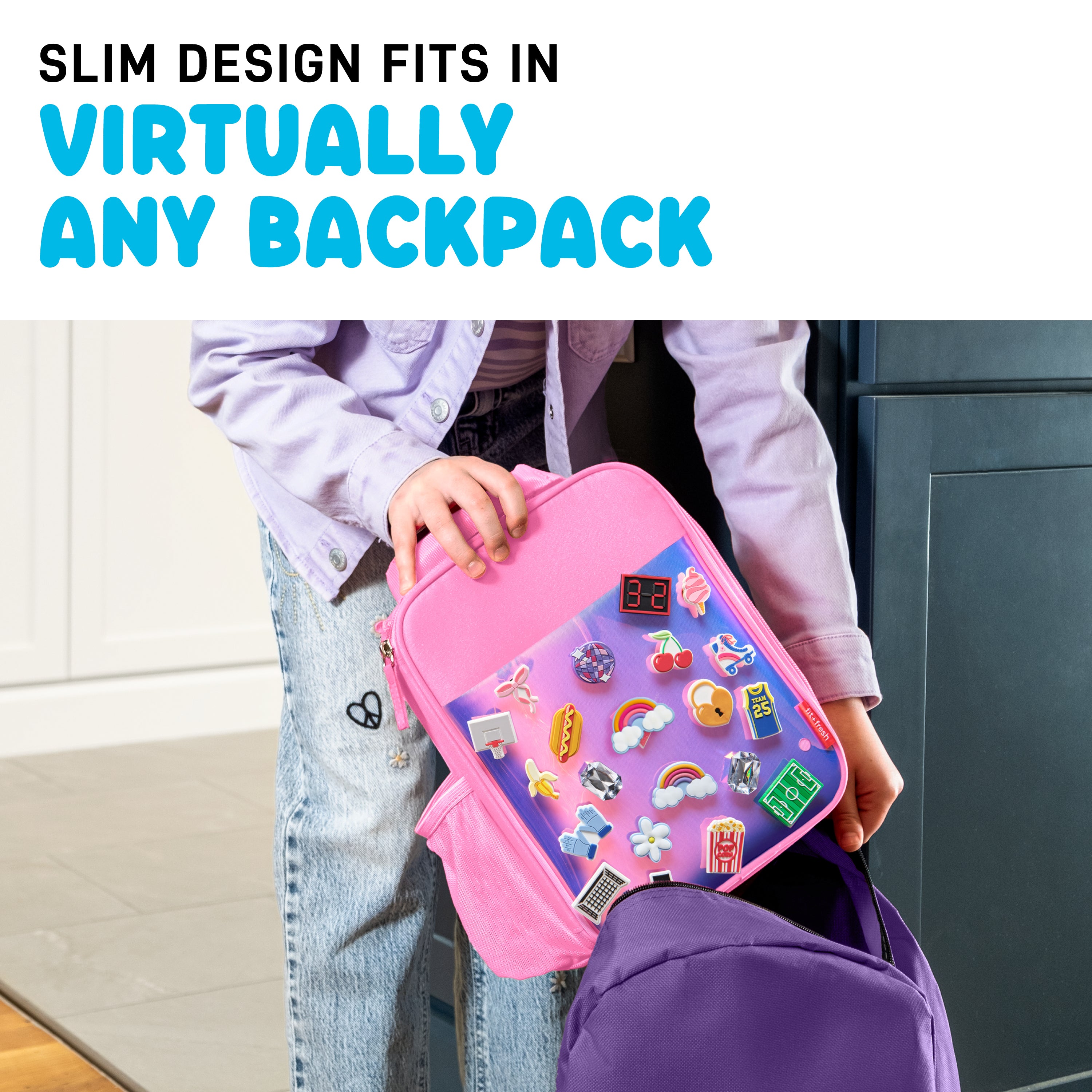 fit-fresh-charm-kids-lunch-bag-with-6-charms-holographic-pink-insulated-kids-lun image 6
