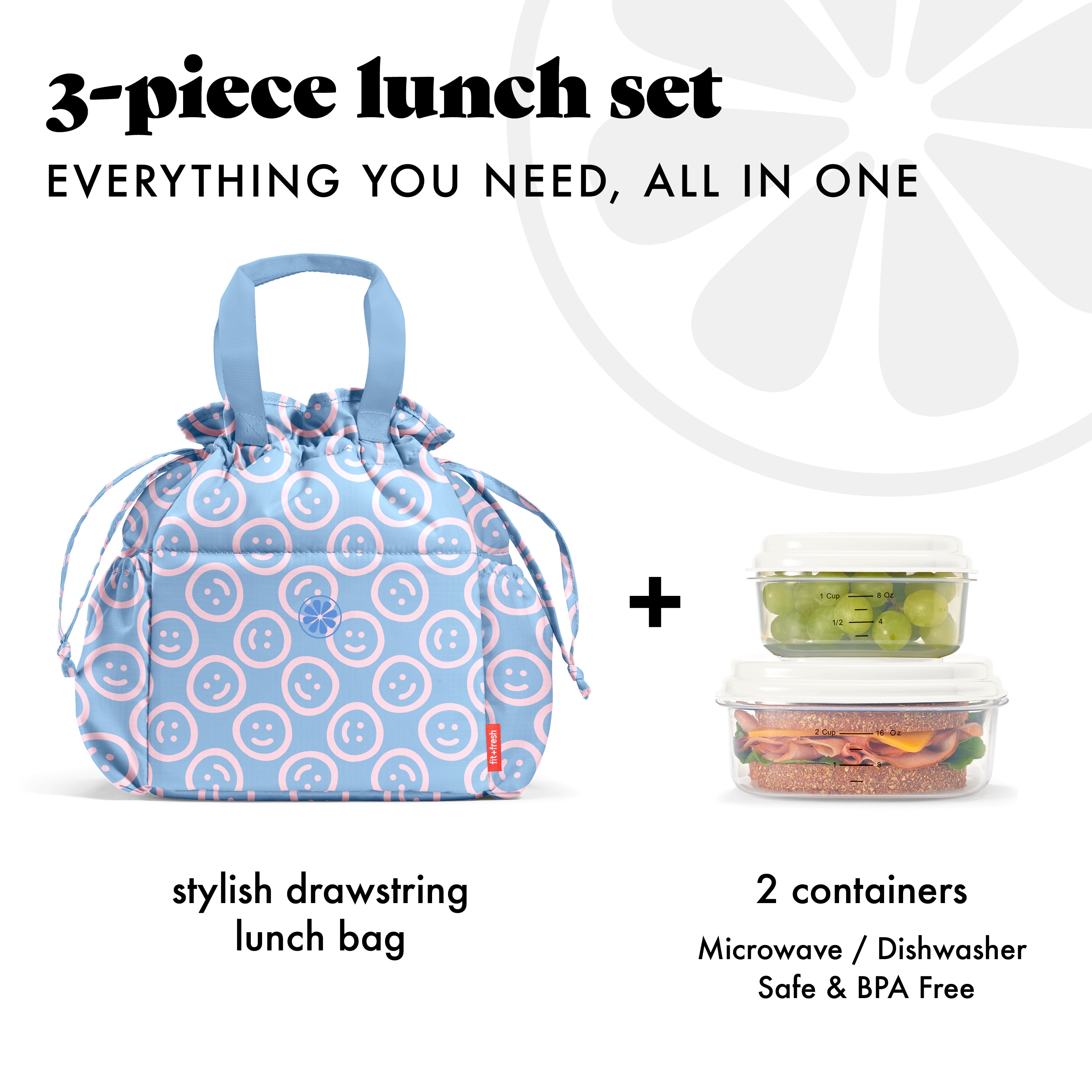 fit-fresh-cromwell-cinch-lunch-tote-with-lunch-kit-bubble-gum-smiles-drawstring- image 2