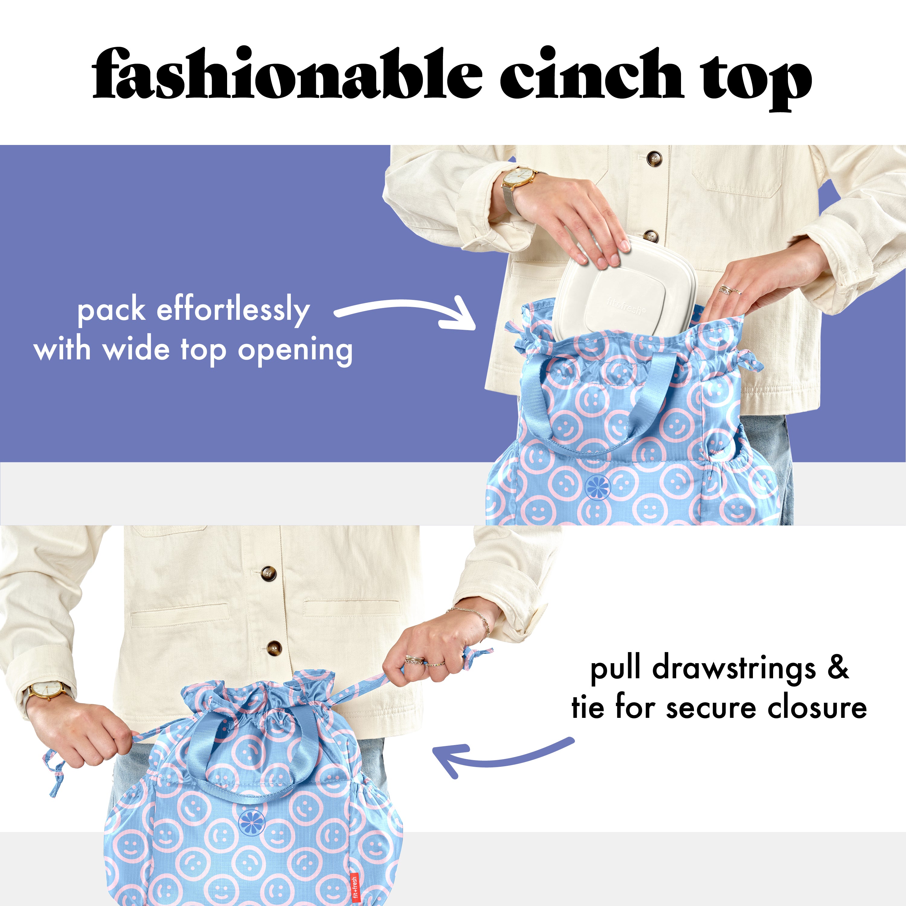 fit-fresh-cromwell-cinch-lunch-tote-with-lunch-kit-bubble-gum-smiles-drawstring- image 3