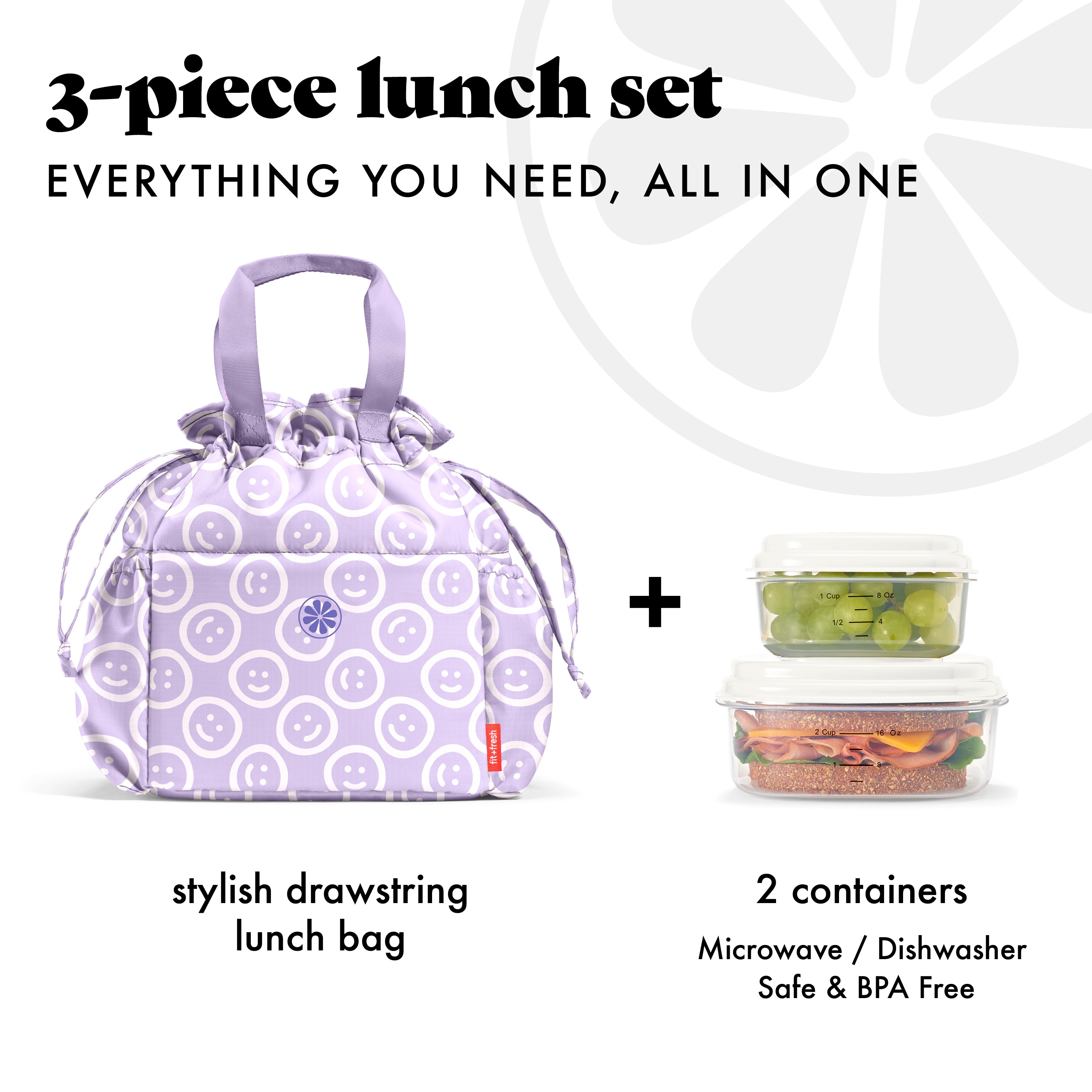 fit-fresh-cromwell-cinch-lunch-tote-with-lunch-kit-lavender-smiles-drawstring-in image 2