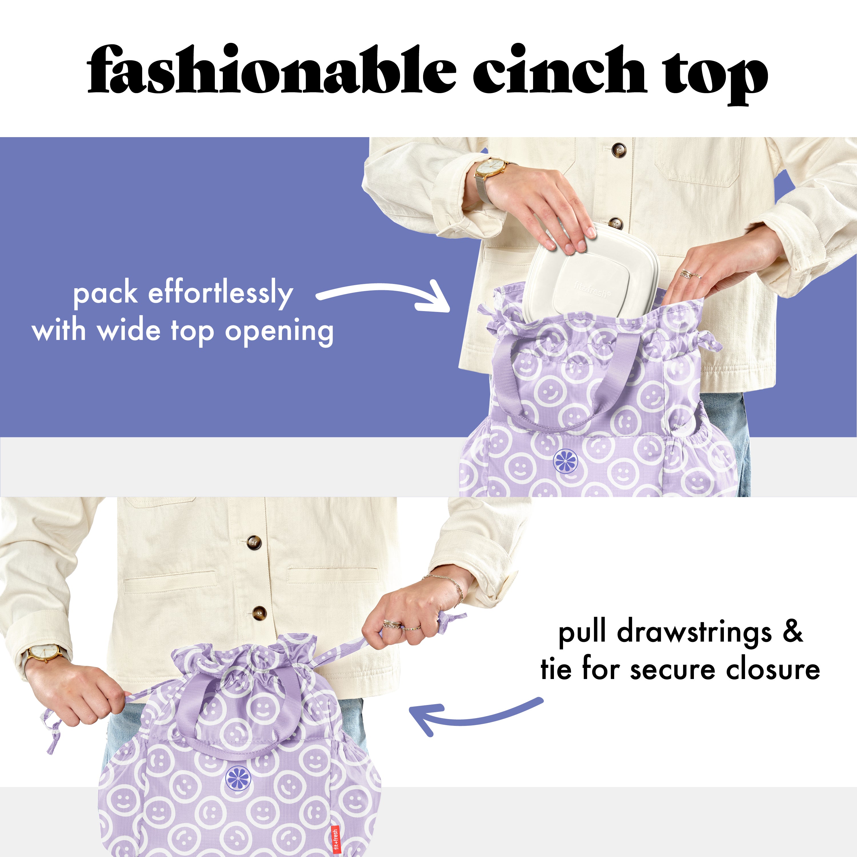 fit-fresh-cromwell-cinch-lunch-tote-with-lunch-kit-lavender-smiles-drawstring-in image 3