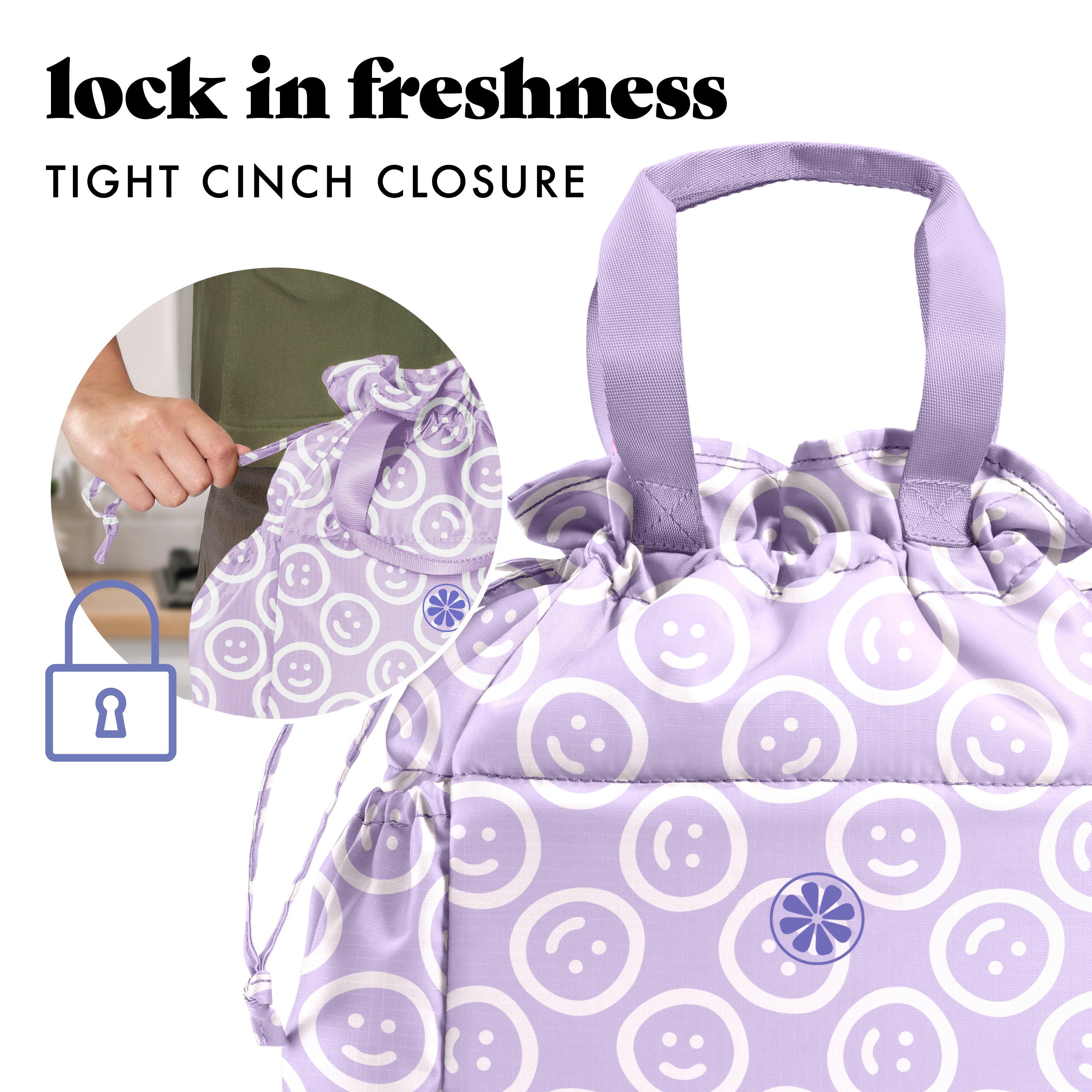 fit-fresh-cromwell-cinch-lunch-tote-with-lunch-kit-lavender-smiles-drawstring-in image 5
