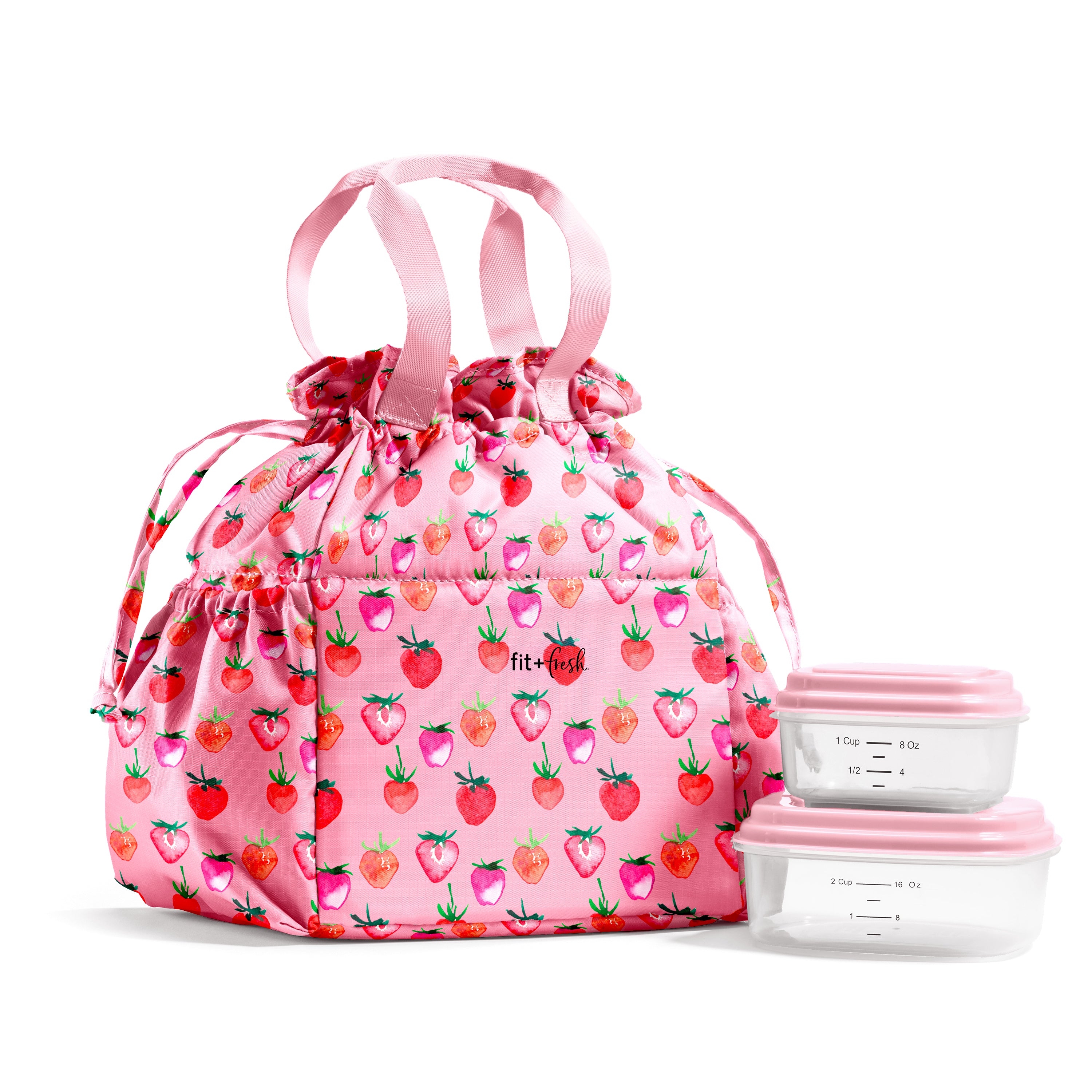 fit-fresh-cromwell-cinch-lunch-tote-with-lunch-kit-pink-strawberries-drawstring- image 1