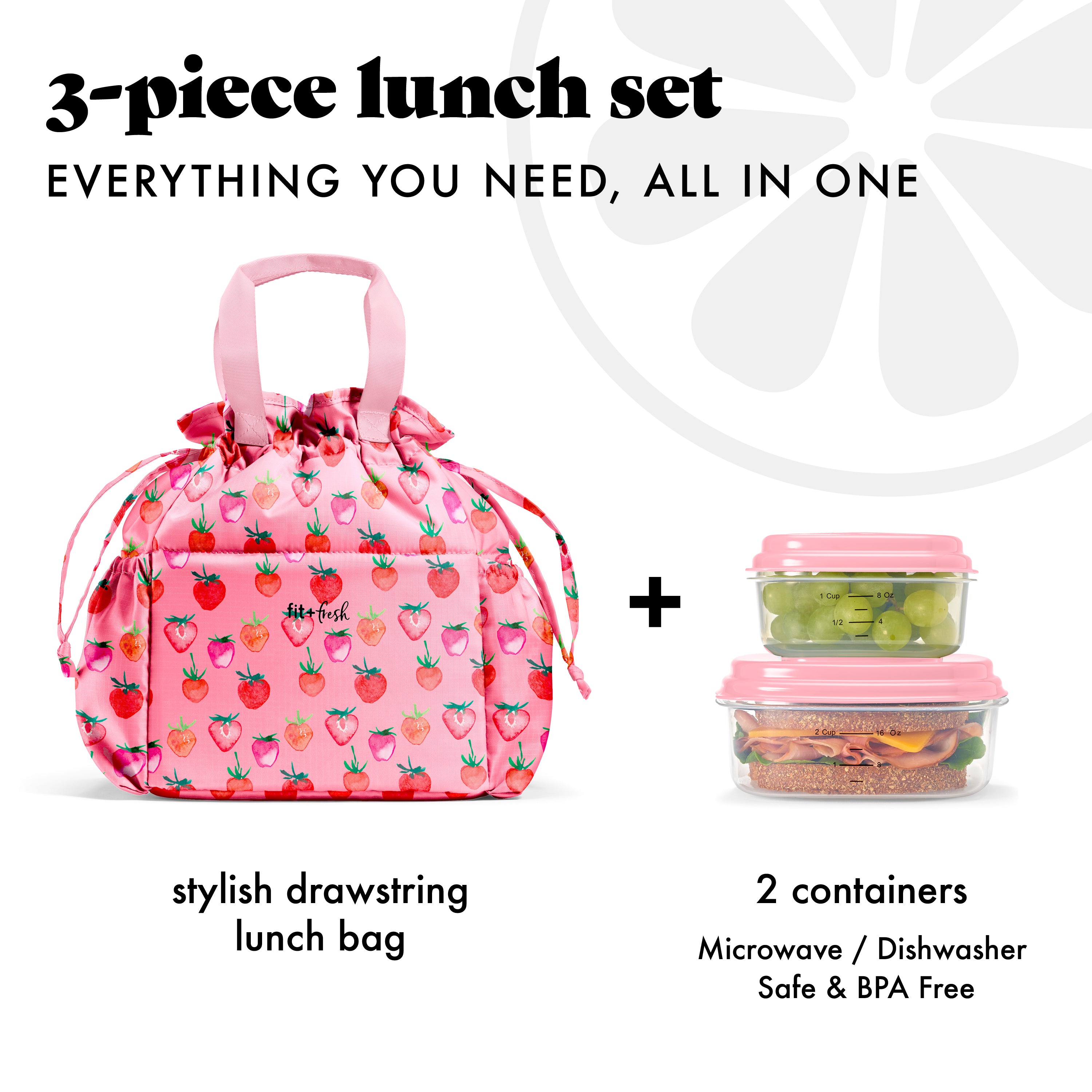 fit-fresh-cromwell-cinch-lunch-tote-with-lunch-kit-pink-strawberries-drawstring- image 2