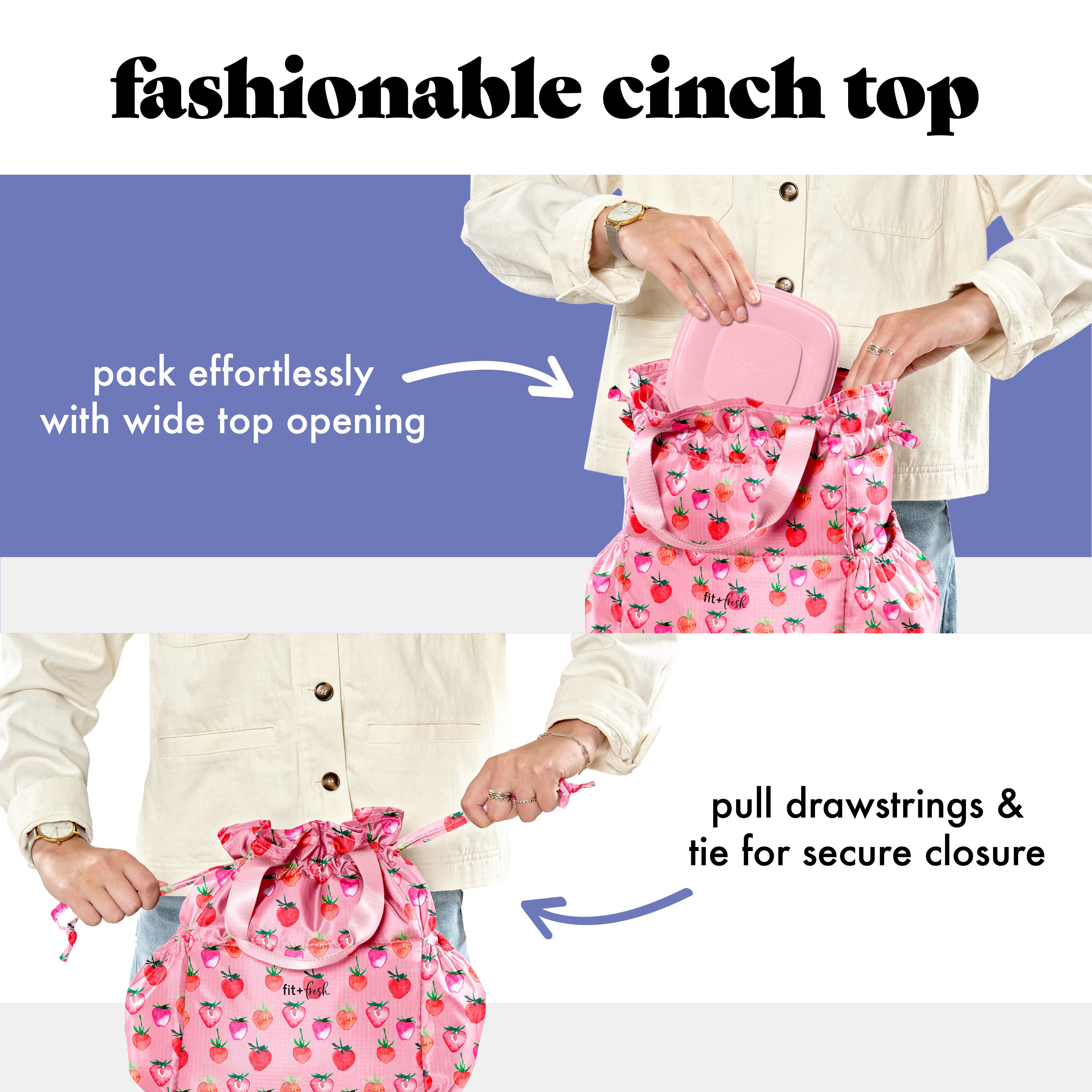 fit-fresh-cromwell-cinch-lunch-tote-with-lunch-kit-pink-strawberries-drawstring- image 3