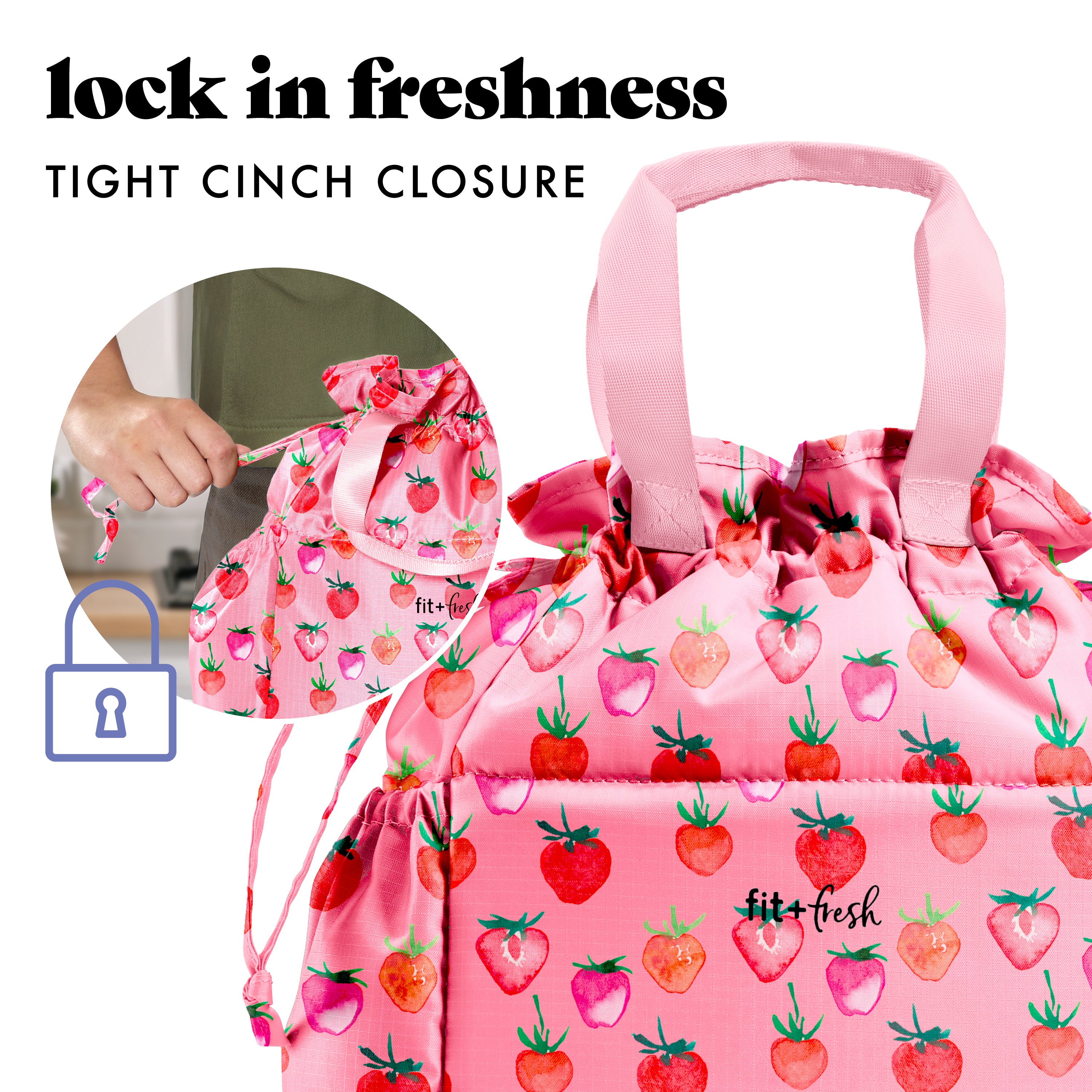 fit-fresh-cromwell-cinch-lunch-tote-with-lunch-kit-pink-strawberries-drawstring- image 5