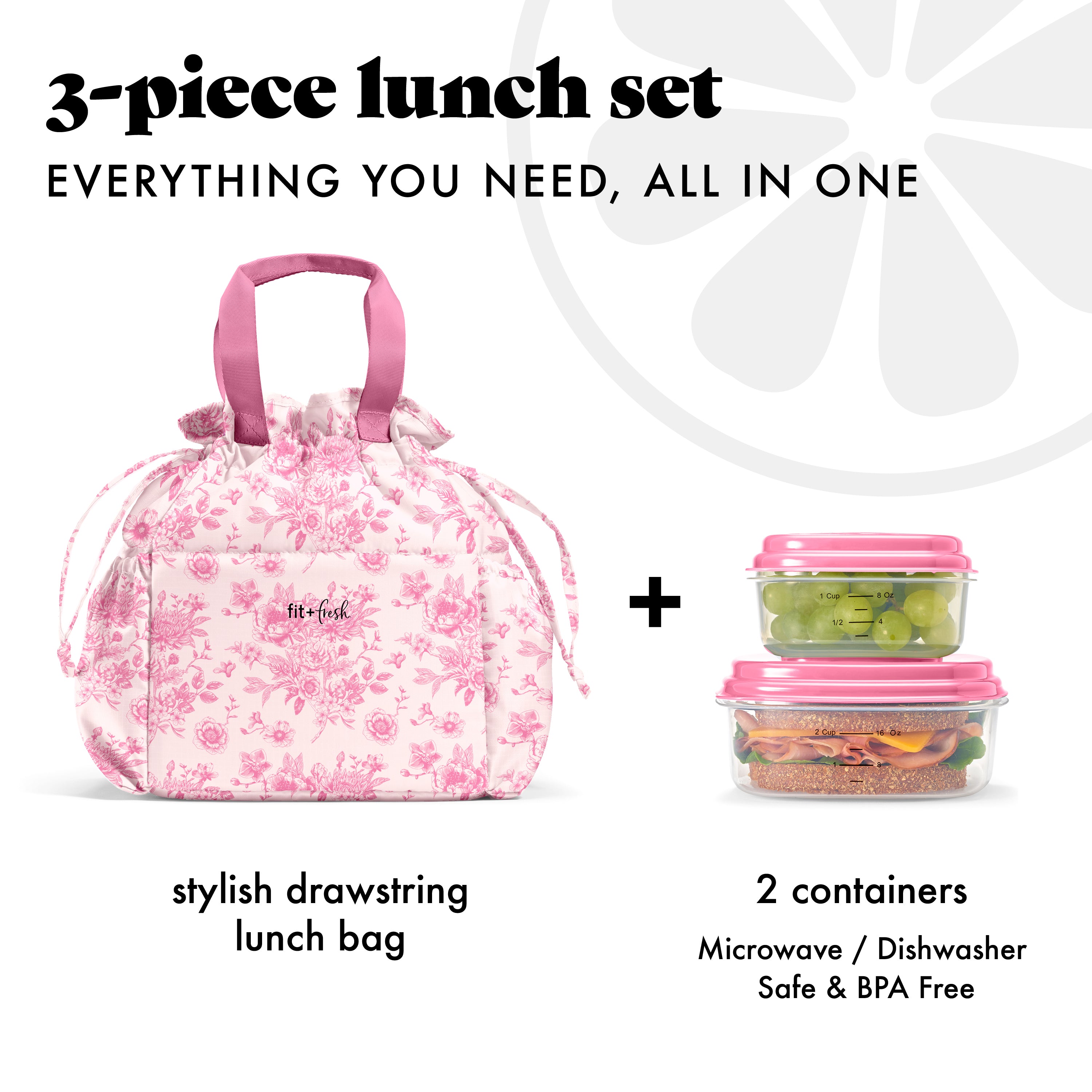 fit-fresh-cromwell-cinch-lunch-tote-with-lunch-kit-pink-floral-toile-drawstring- image 2