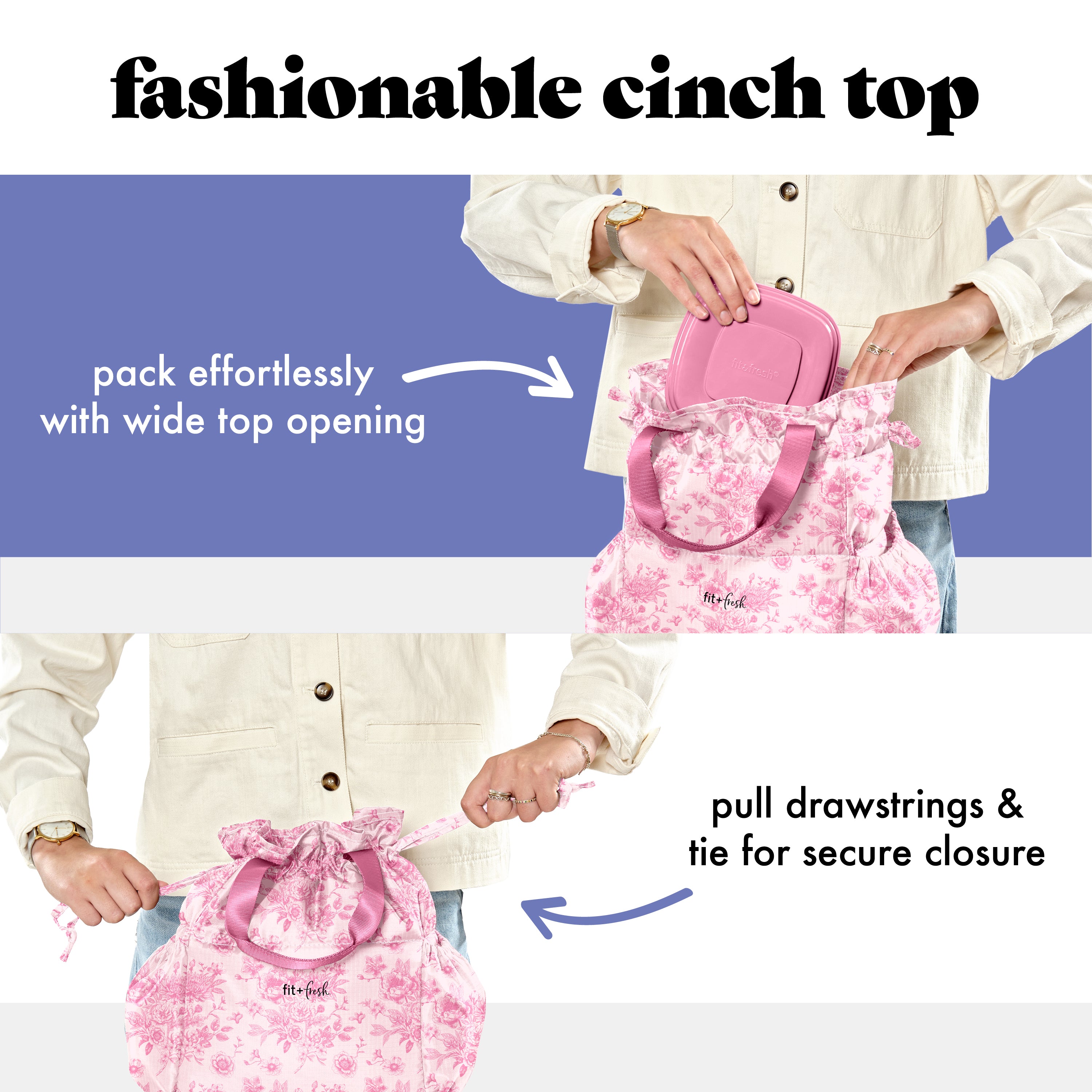 fit-fresh-cromwell-cinch-lunch-tote-with-lunch-kit-pink-floral-toile-drawstring- image 3