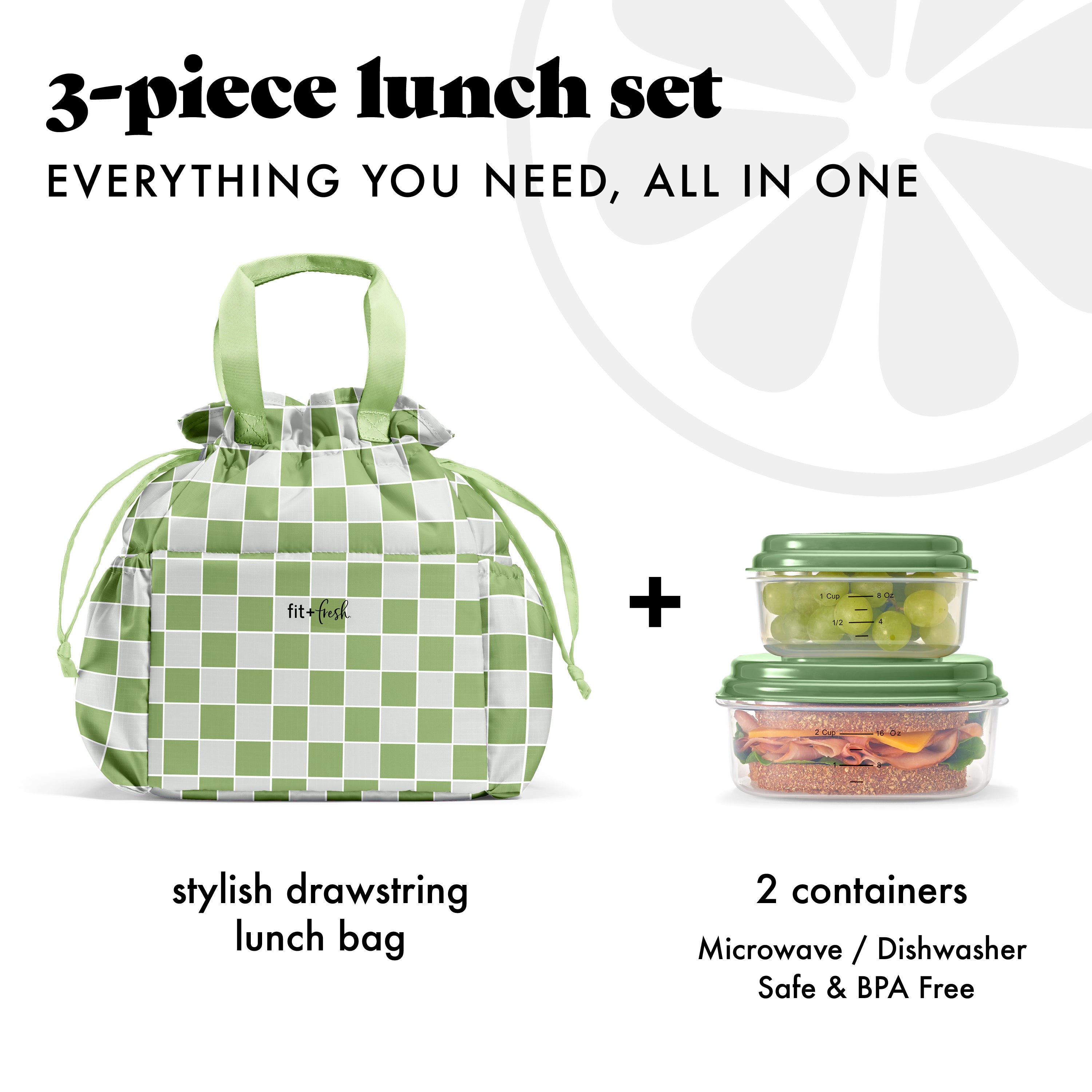 fit-fresh-cromwell-cinch-lunch-tote-with-lunch-kit-pistachio-checkerboard-drawst image 2