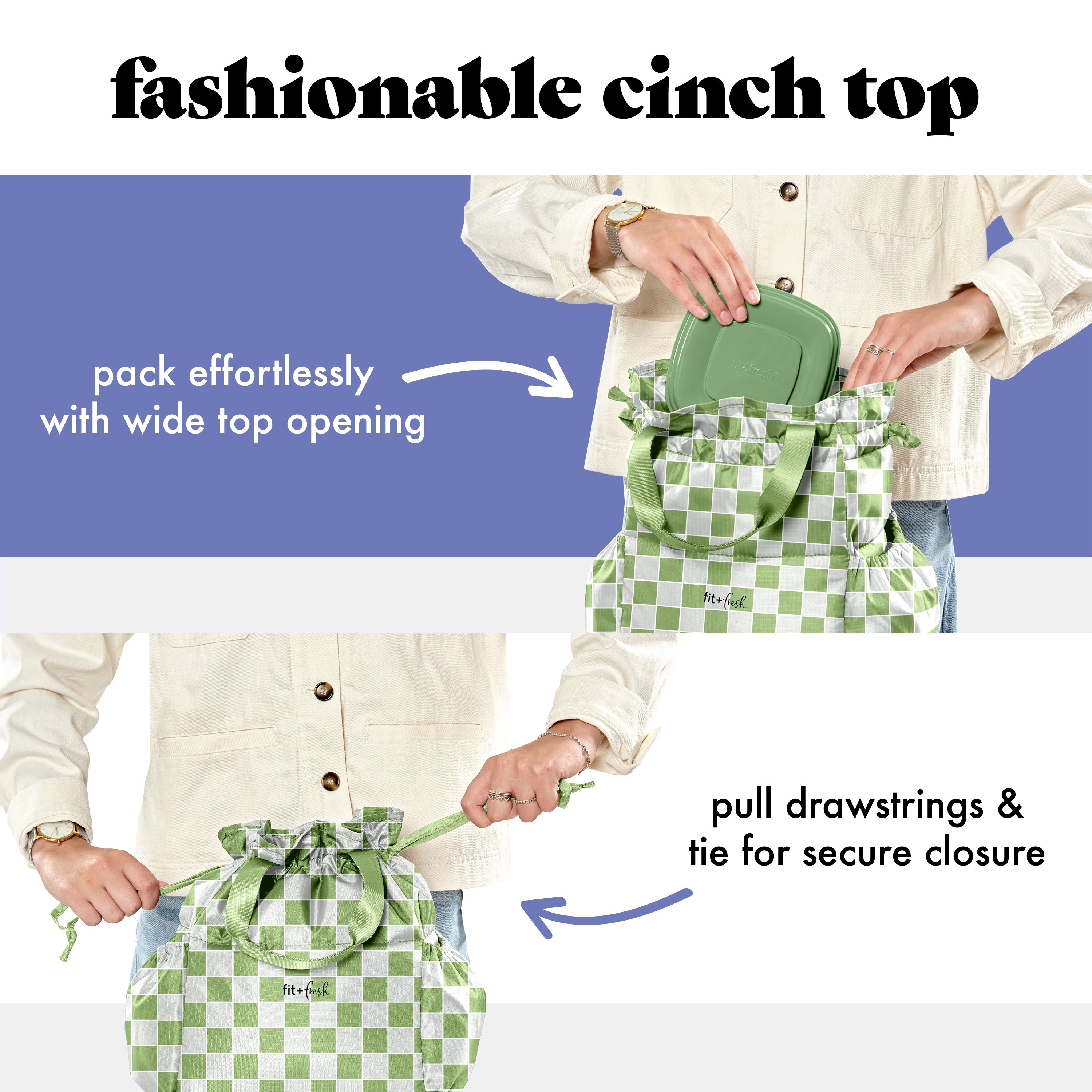fit-fresh-cromwell-cinch-lunch-tote-with-lunch-kit-pistachio-checkerboard-drawst image 3