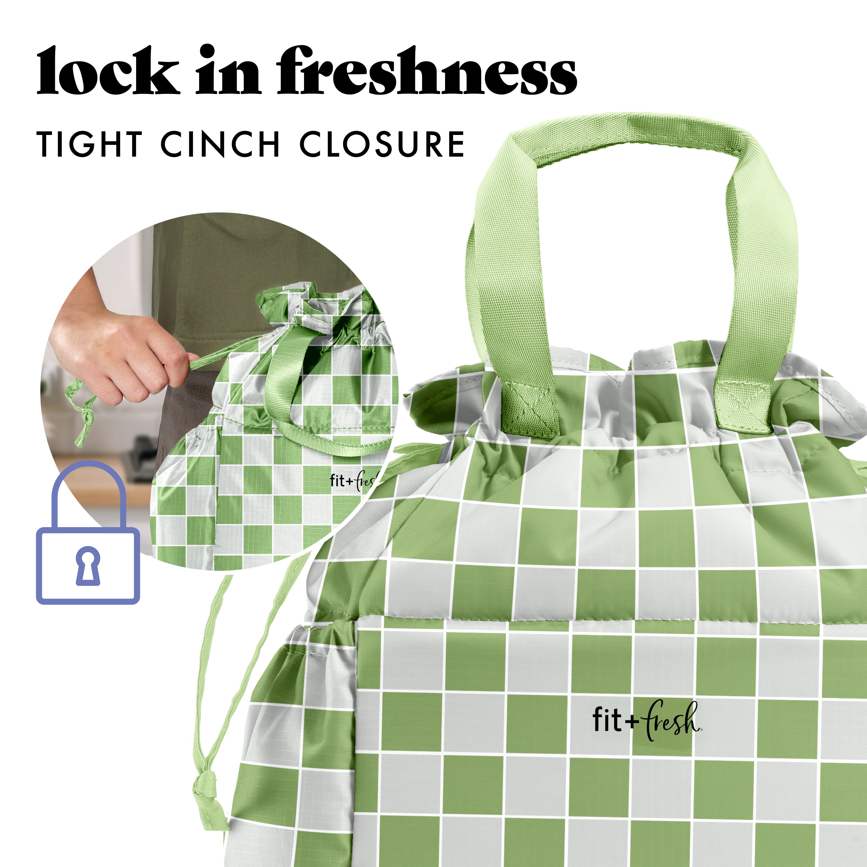 fit-fresh-cromwell-cinch-lunch-tote-with-lunch-kit-pistachio-checkerboard-drawst image 4