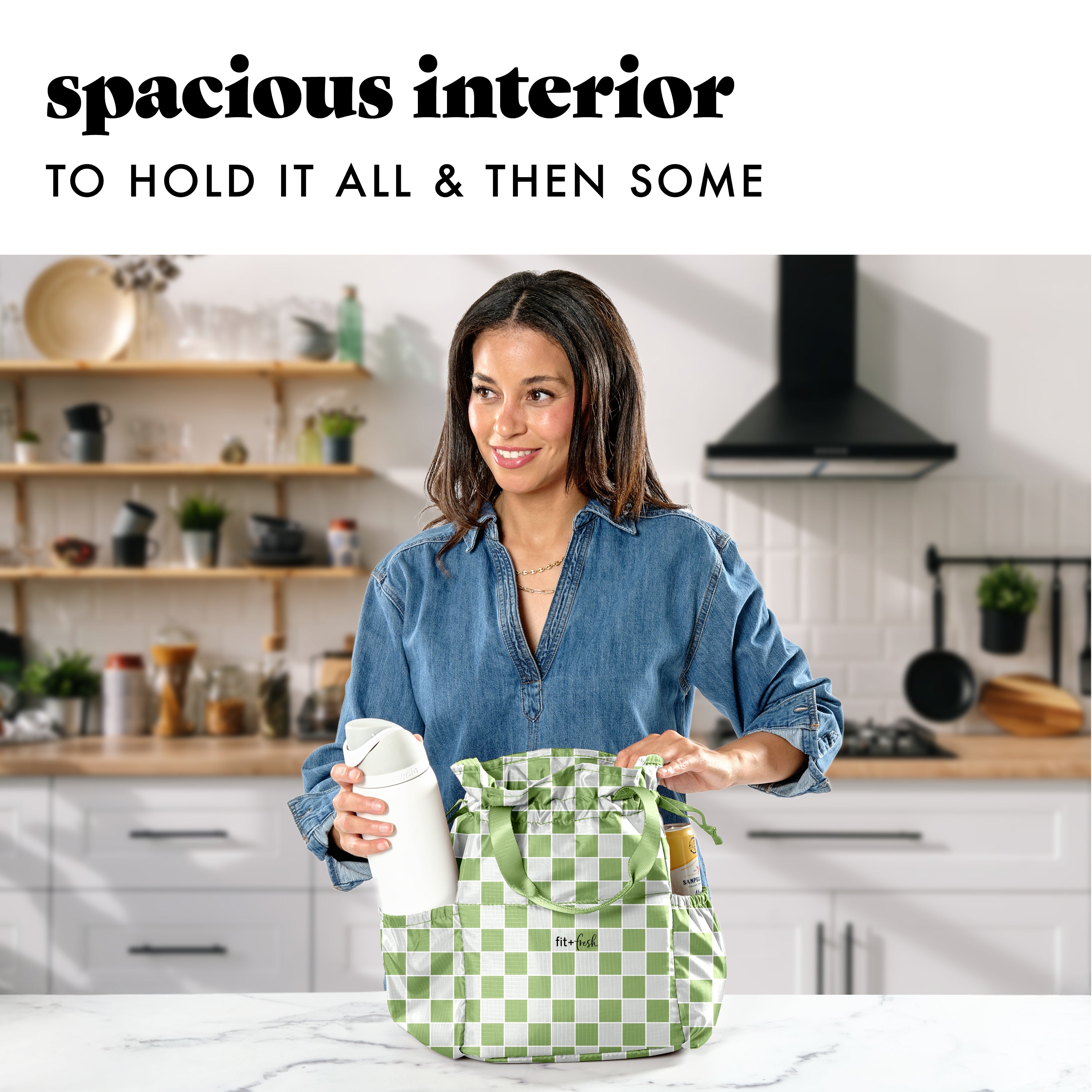 fit-fresh-cromwell-cinch-lunch-tote-with-lunch-kit-pistachio-checkerboard-drawst image 5