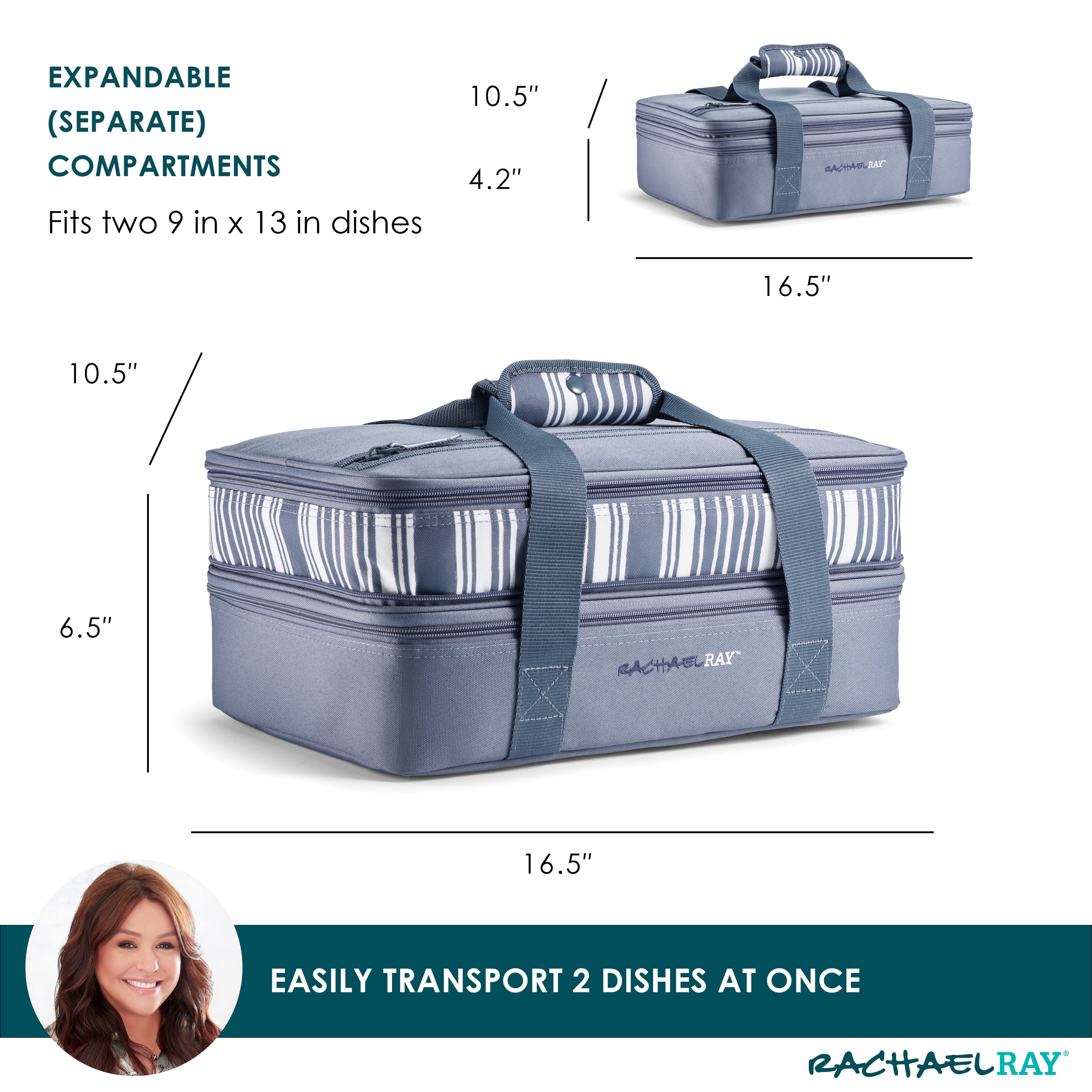 rachael-ray-expandable-lasagna-lugger-slate-stripe-insulated-expandable-casserol image 2