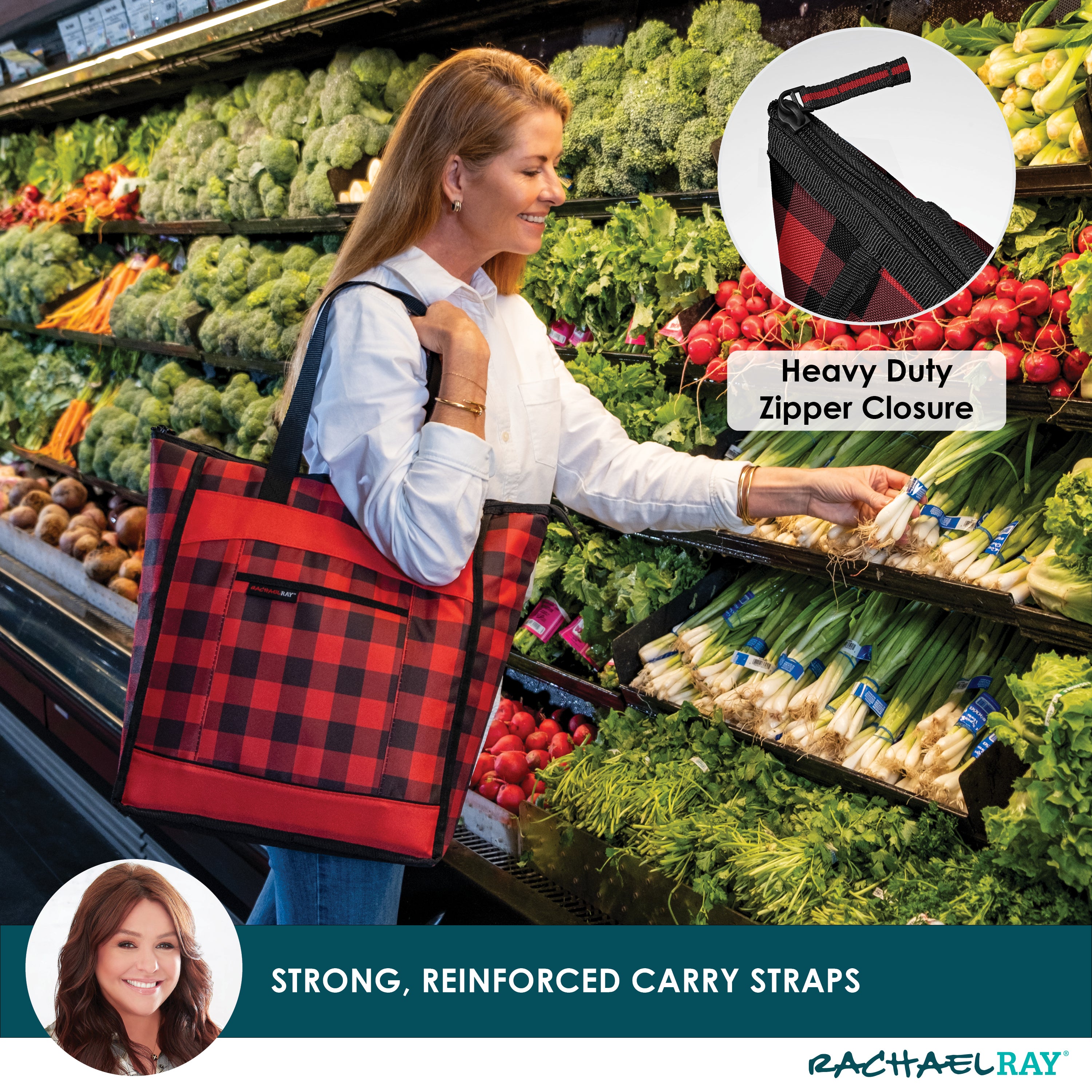 rachael-ray-chillout-cooler-tote-bag-red-buffalo-check-16-5-x-13-5-x-6-insulated image 3