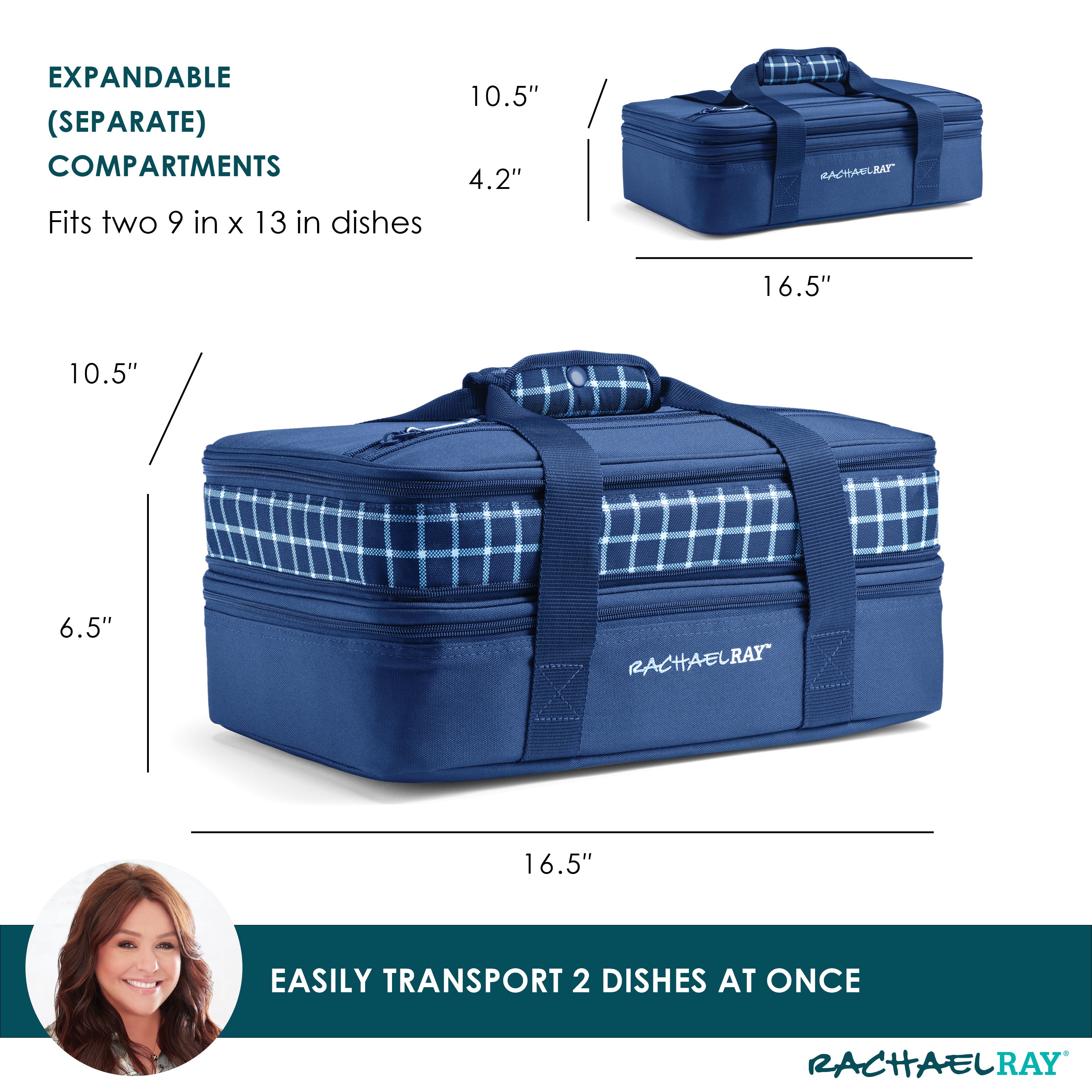 rachael-ray-by-fit-fresh-expandable-lasagna-lugger-navy-gingham-insulated-casser image 2