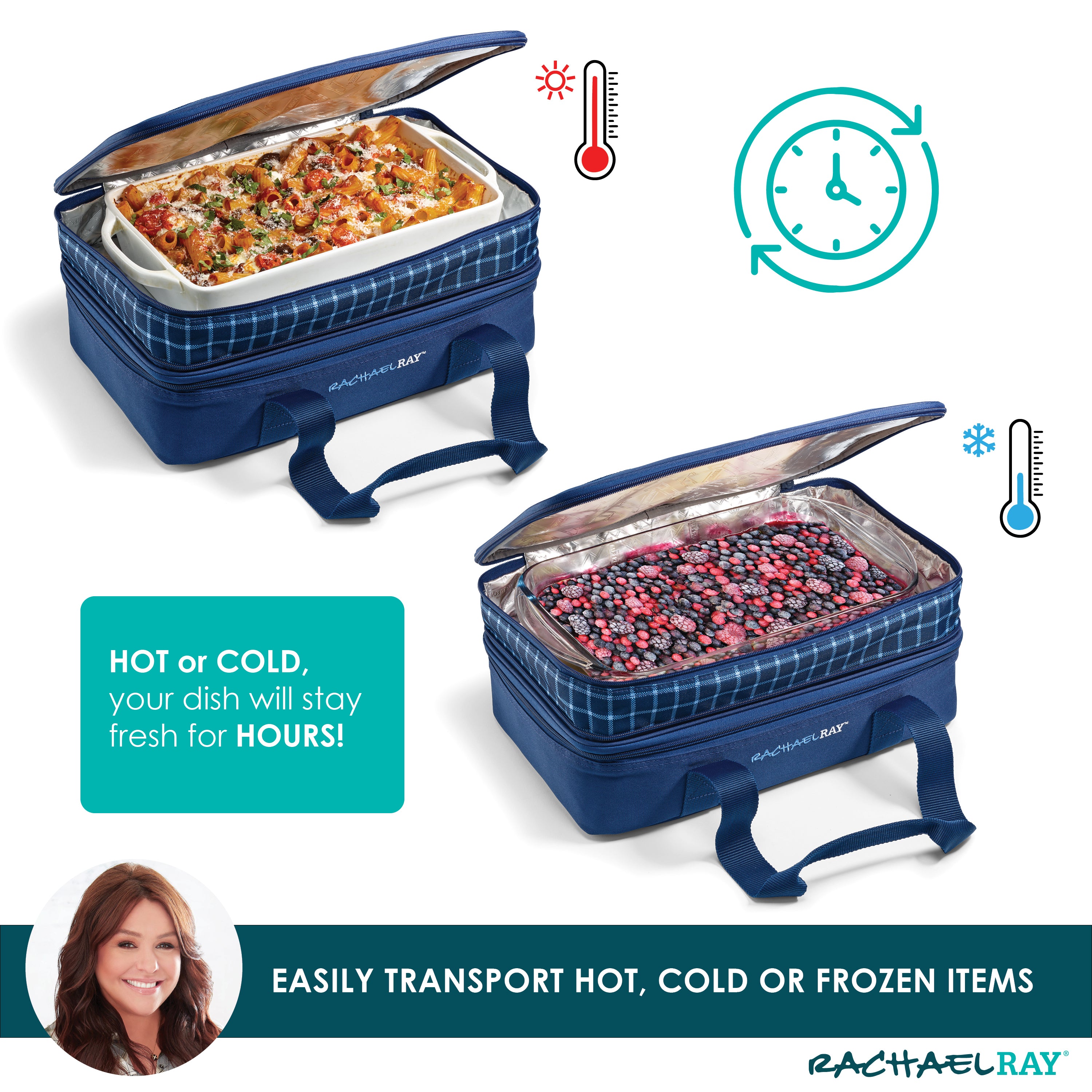 rachael-ray-by-fit-fresh-expandable-lasagna-lugger-navy-gingham-insulated-casser image 3