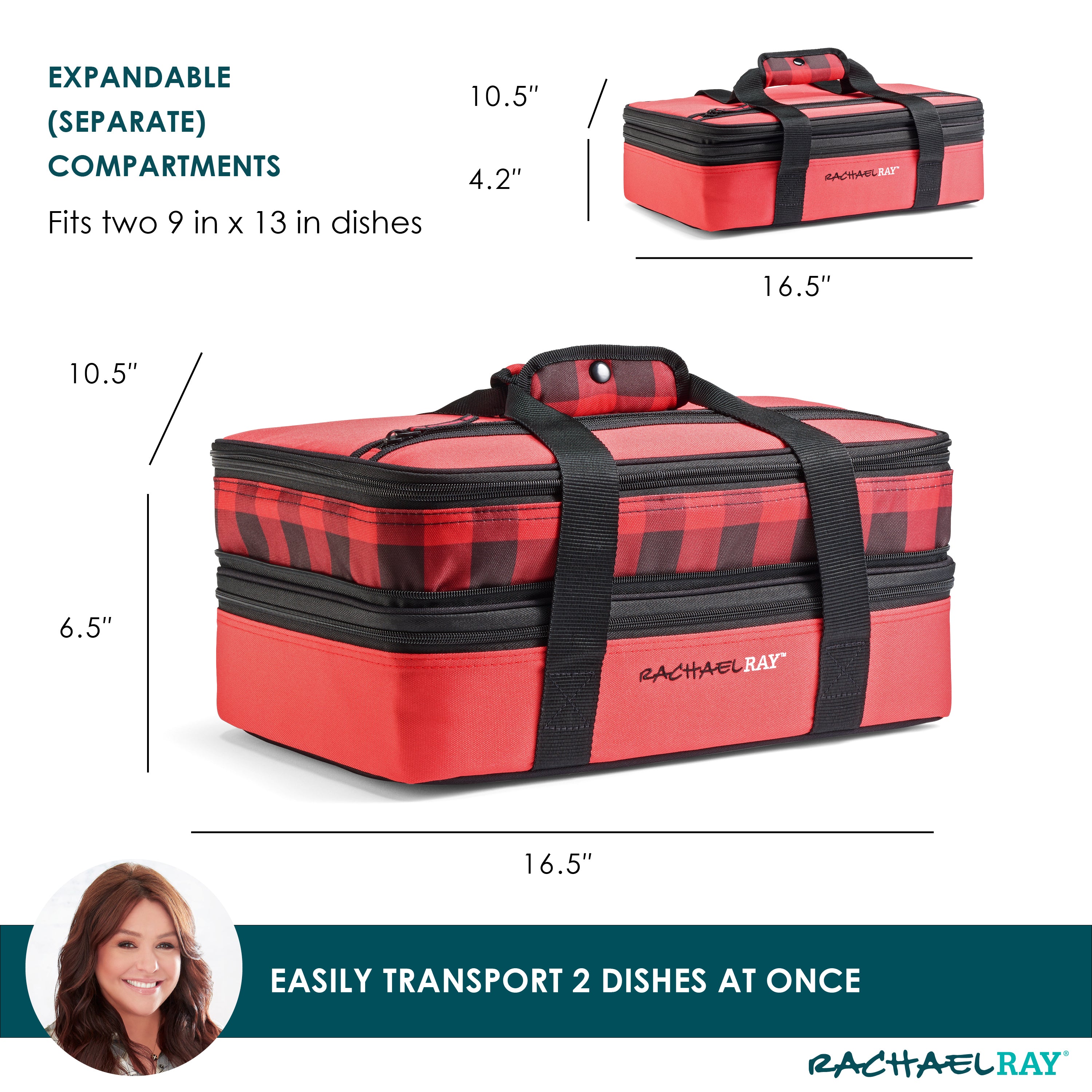 rachael-ray-expandable-lasagna-lugger-red-buffalo-check-insulated-expandable-cas image 2