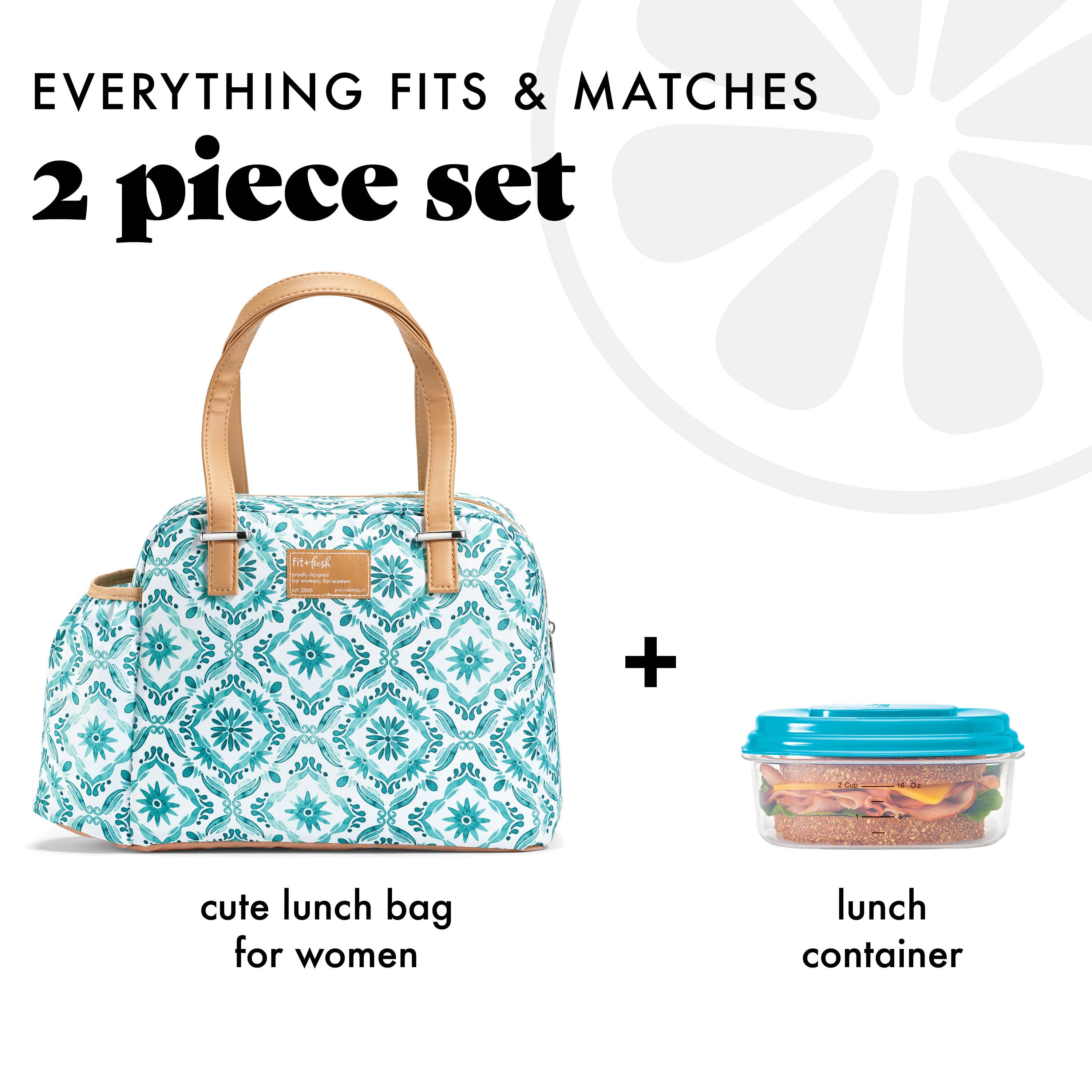 fit-fresh-laketown-lunch-bag-with-lunch-kit-aqua-floral-diamond-insulated-lunch- image 2