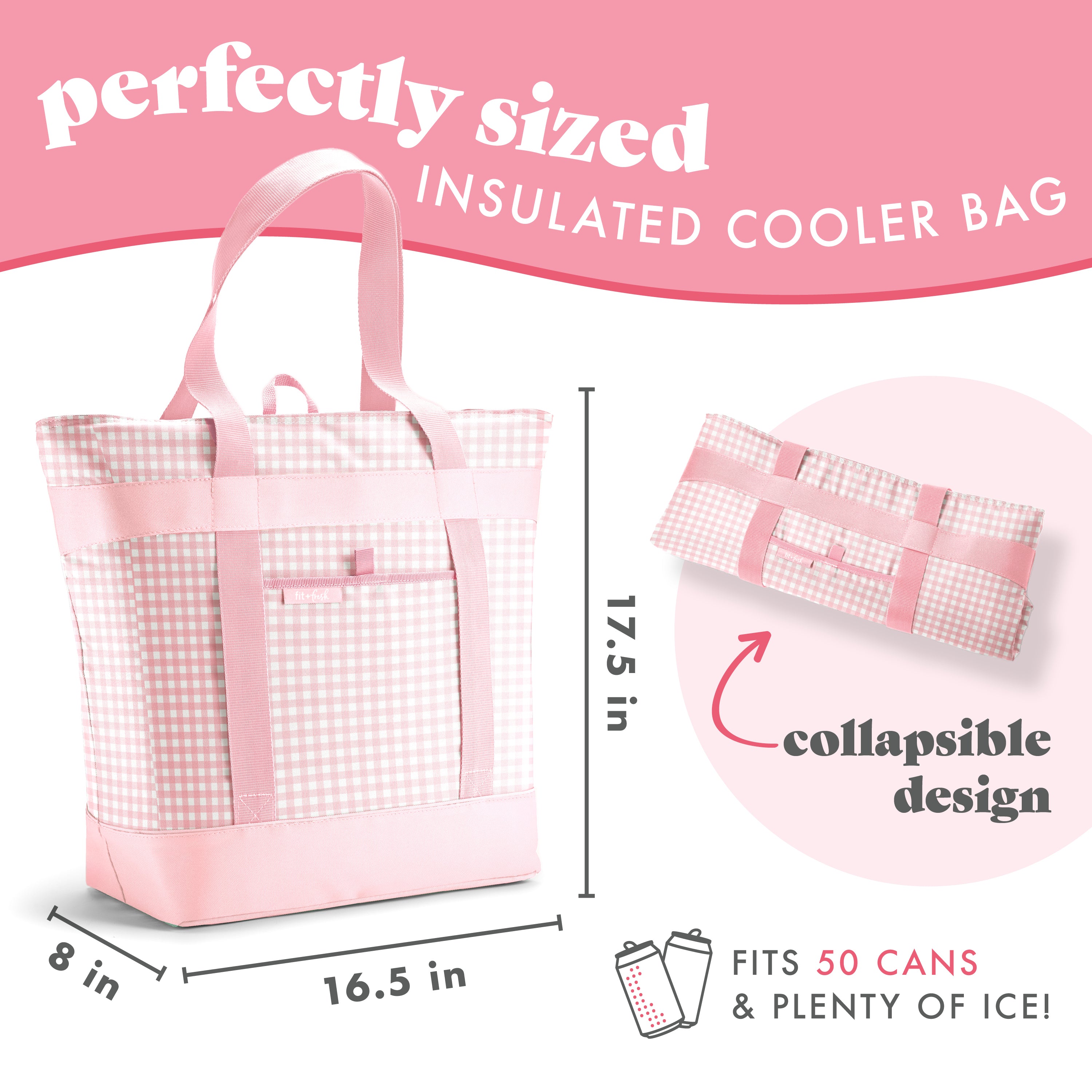 fit-fresh-xl-insulated-cooler-tote-bag-pink-gingham-large-16-5-x-8-x-17-5-zipper image 3