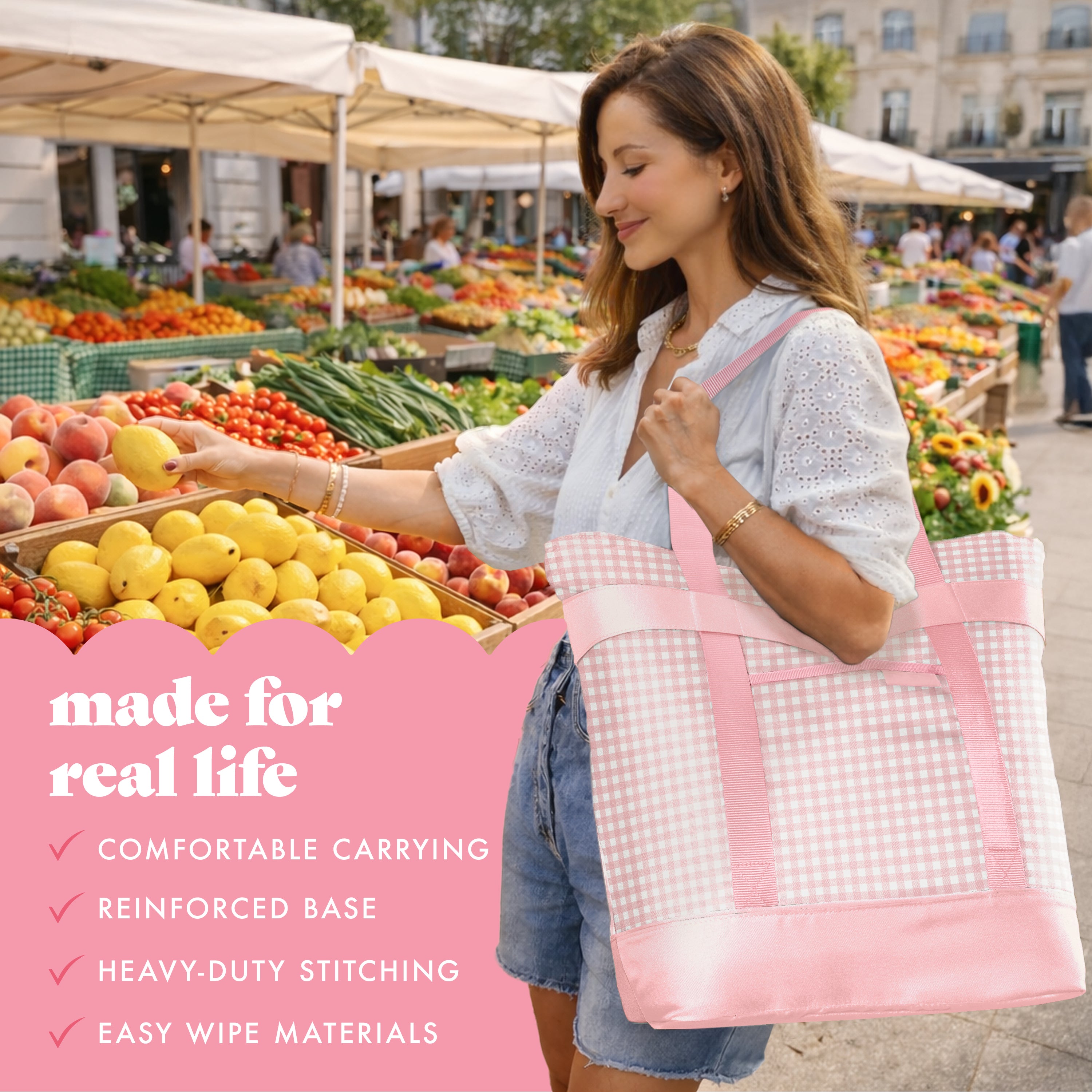 fit-fresh-xl-insulated-cooler-tote-bag-pink-gingham-large-16-5-x-8-x-17-5-zipper image 4